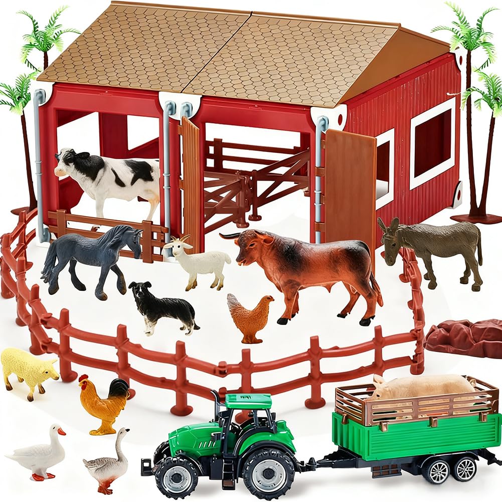 Mini Toy Barn Farm Toys Playset, 66PCS Plastic Farm Animals Figurines and Fence Farm Playset, Farm Figures Farmer Vehicle Toy Truck with Trailer for 3-12 Years Old, Christmas Birthday Gifts for Kids