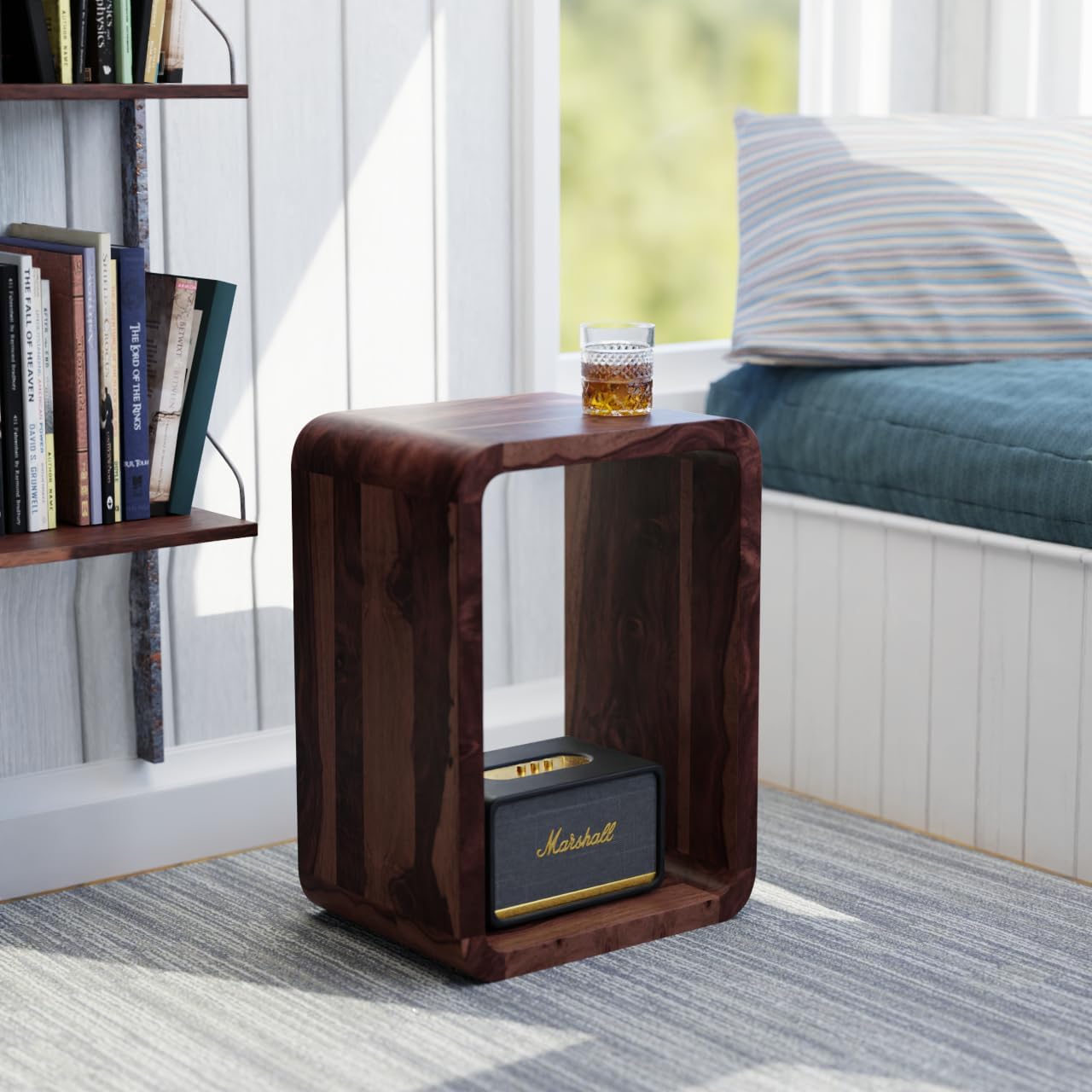 Relso Aurora End Table Solid Sheesham Wood Nightstand with Open Shelf Storage, Walnut Finish Bedside Table, Side Table for Bedroom, Living Room, Entryway, Small Spaces, Accent Bookshelf Aurora Walnut