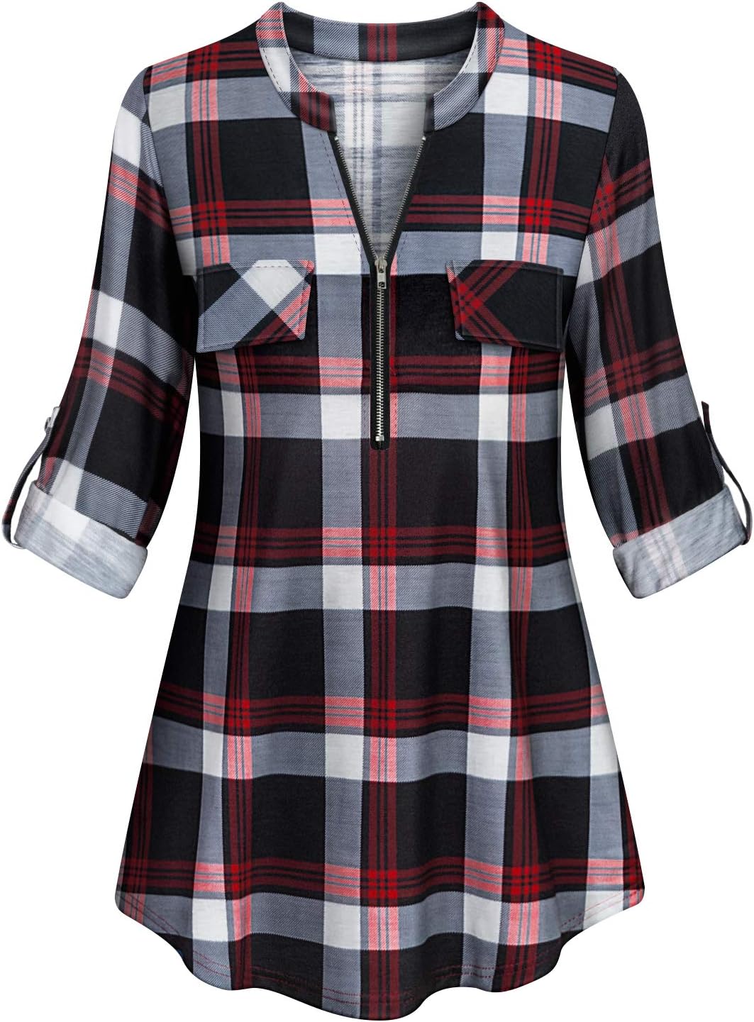 Tanst Sky Womens Casual Long Sleeve Zipped V Neck Plaid Tunic Blouses
