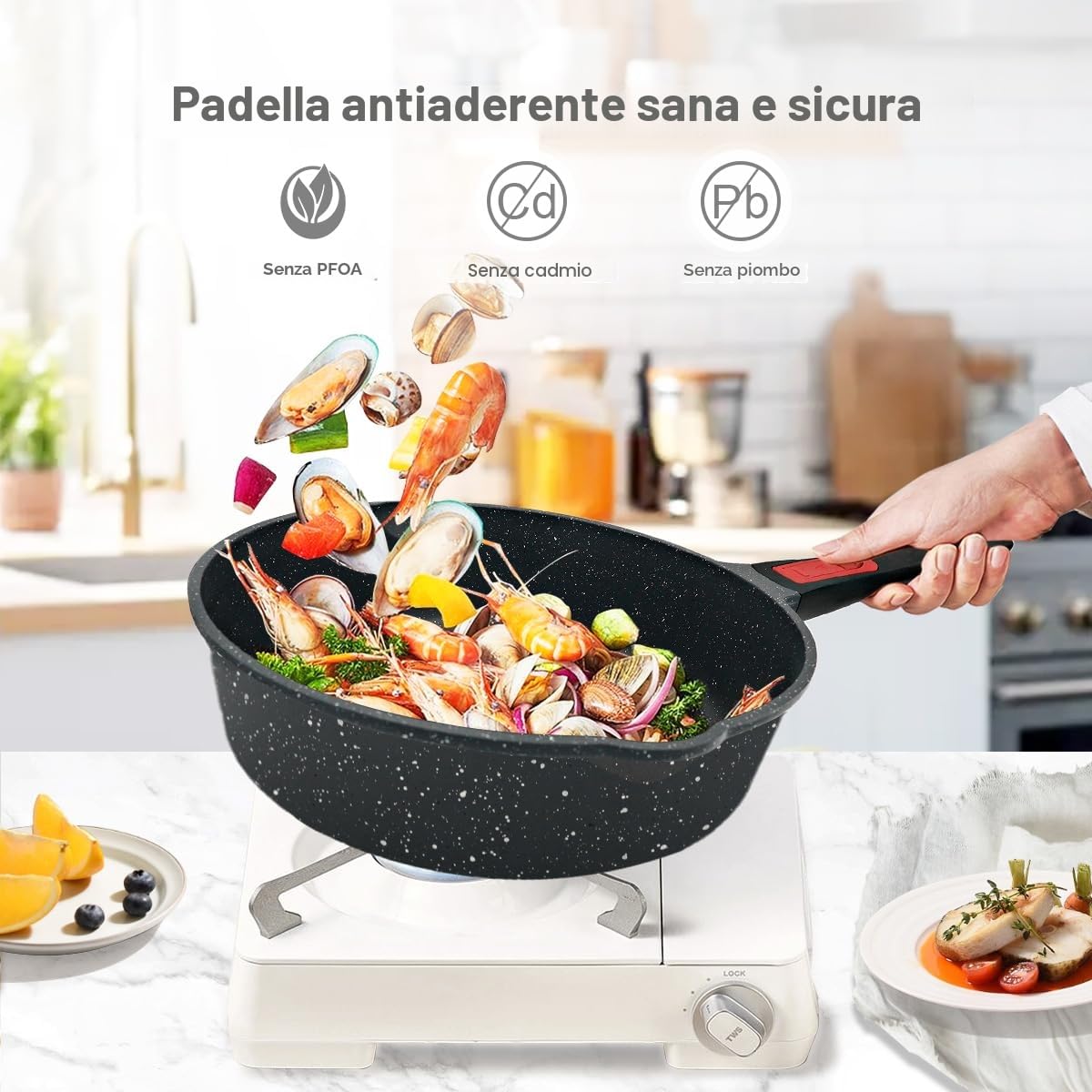 AIKENBBKK Set di Pentole e Padelle Antiaderenti con manici amovibili, Batteria di pentole 10 Pezzi in Alluminio con Coperchi, Lavastoviglie& forno sicuro (Nero)
