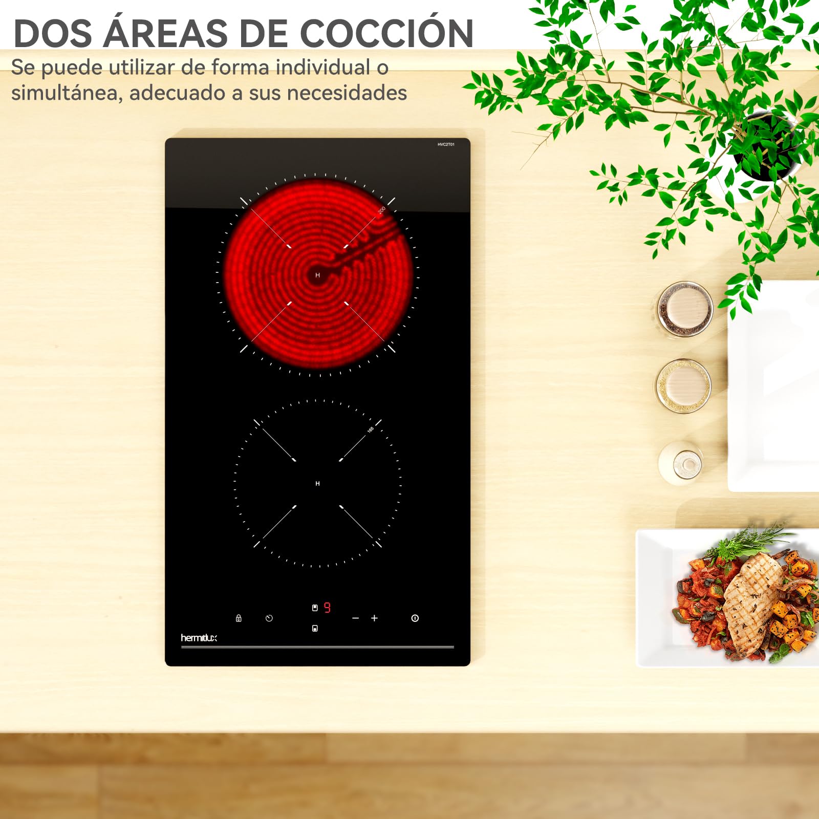 Hermitlux placa vitrocerámica 2 fuegos 28,8cm, 9 niveles de potencia, control táctil, temporizador, seguro para niños, apta para todo tipo de sartenes, 3300W — view 4