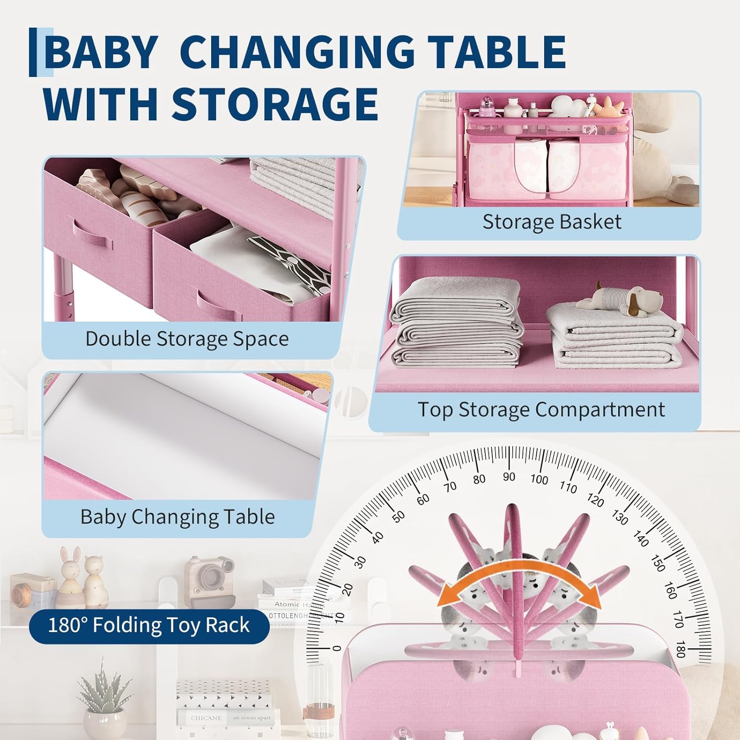 Garvee Mueble Cambiador De Bebé Multifuncional Con 2 Cajones, Mesa De Pañales Para Bebés Con Altura Ajustable y Ruedas, Estación De Cuidado Infantil Con Gran Almacenaje y Estantes