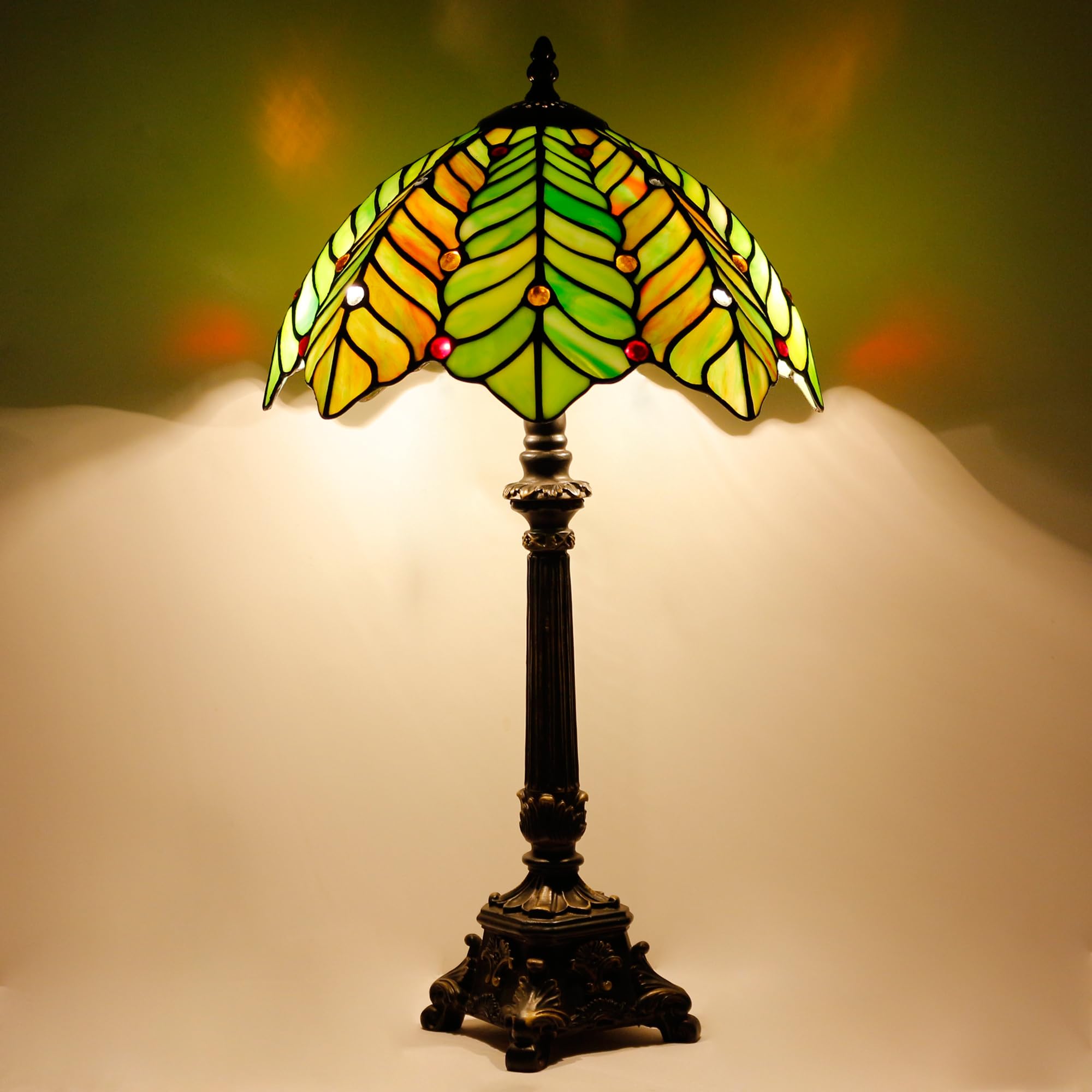 ZJART Tiffany Table Lamp Stained Glass 12X12X21 Inches Green Brown Leaf