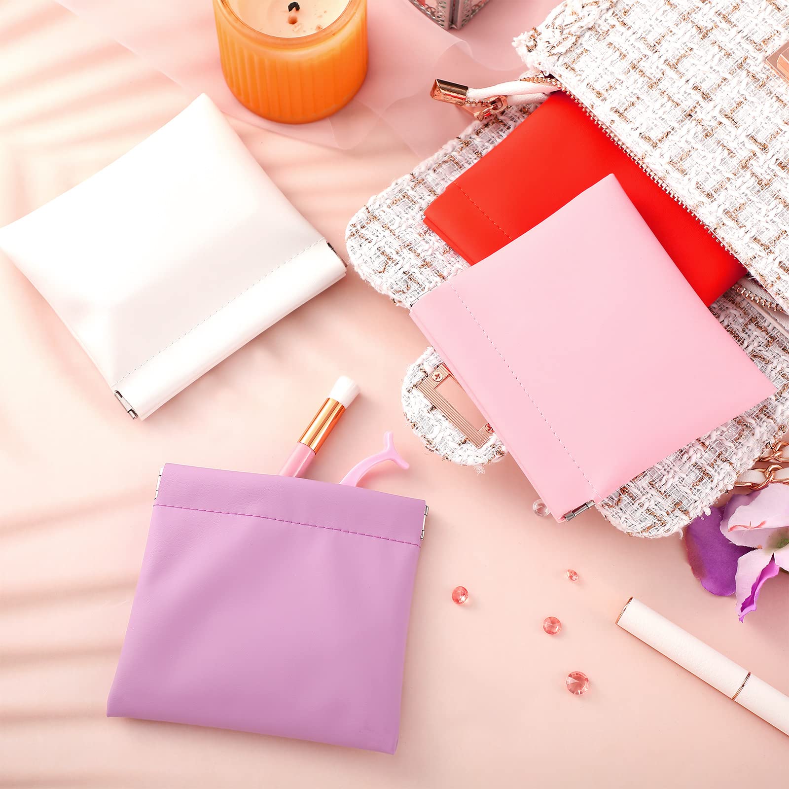 BBTO 15 Pcs Lambskin Small Makeup Bag Waterproof Leather Pocket Cosmetic Bag No Zipper Self Closing Small Cosmetic Bag Cosmetic Pouch Travel Storage for Women Cosmetics Headphones Jewelry 2