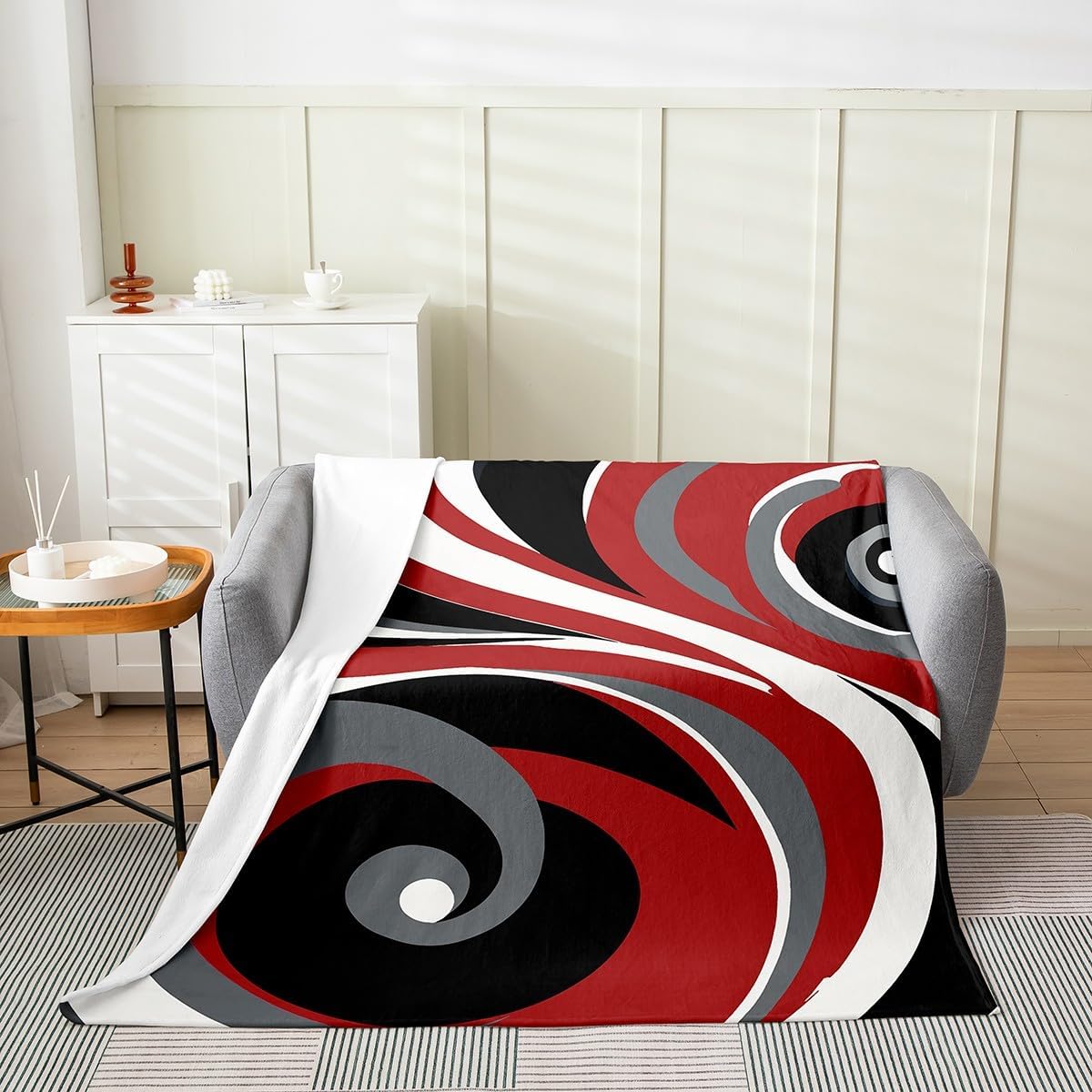 jejeloiu Geometric All Season,Bed Blanket Abstract Art Plush Throw Blanket, Red Black White Grey Fleece Flannel Fuzzy Blanket for Bedroom Decor Modern Line Design 40"x50"