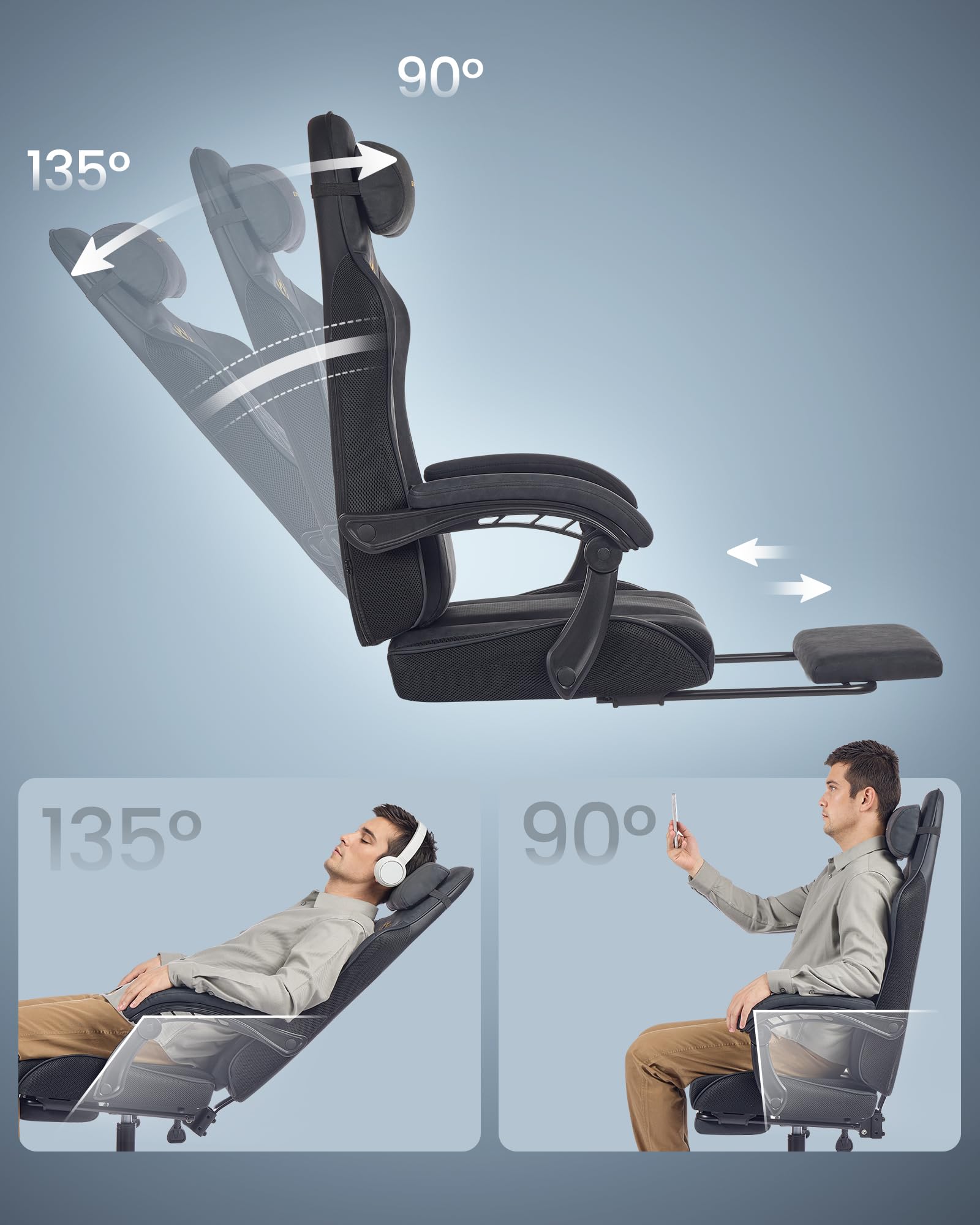 SONGMICS Krzesło do gier, krzesło biurowe, ergonomiczne, fotel gamingowy, poduszka sprężynowa, podnóżek, podłokietniki z mechanizmem synchronicznym, tusz czarny OBG079B01