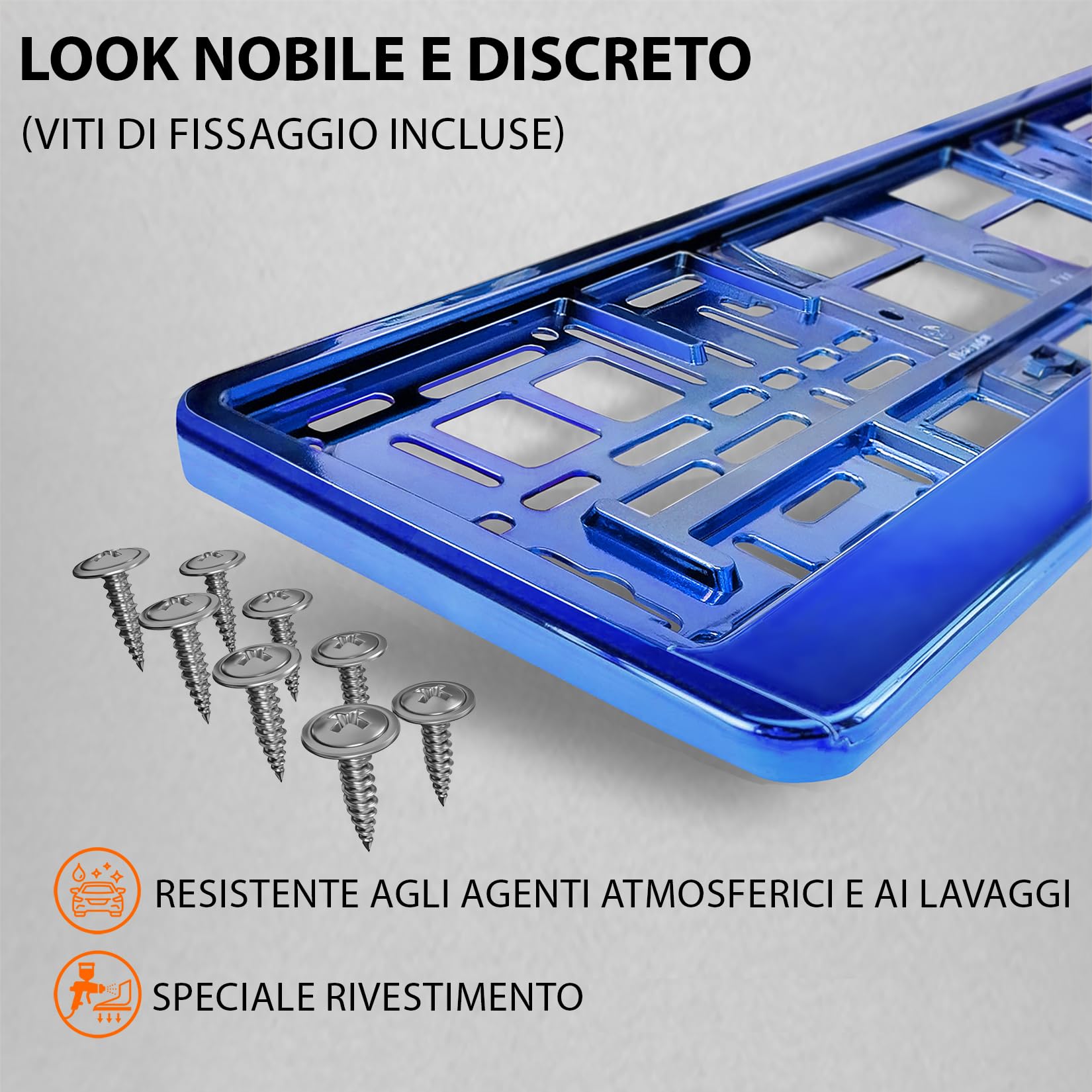 Portatarga Auto - Supporto Targa - [semplice, durevole e sicuro] - 8 viti - 520x110 mm - Blu Cromo - Porta Targa - adatto a qualsiasi auto - per targhe italiane omologate - Fissaggio per Targa
