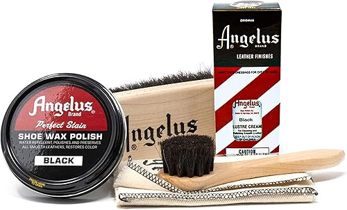 Angelus Kit de brillo negro para zapatos con cera, acondicionador de cuero, cepillo de brillo, aplicador y paño de brillo de zapatos, juego de 5