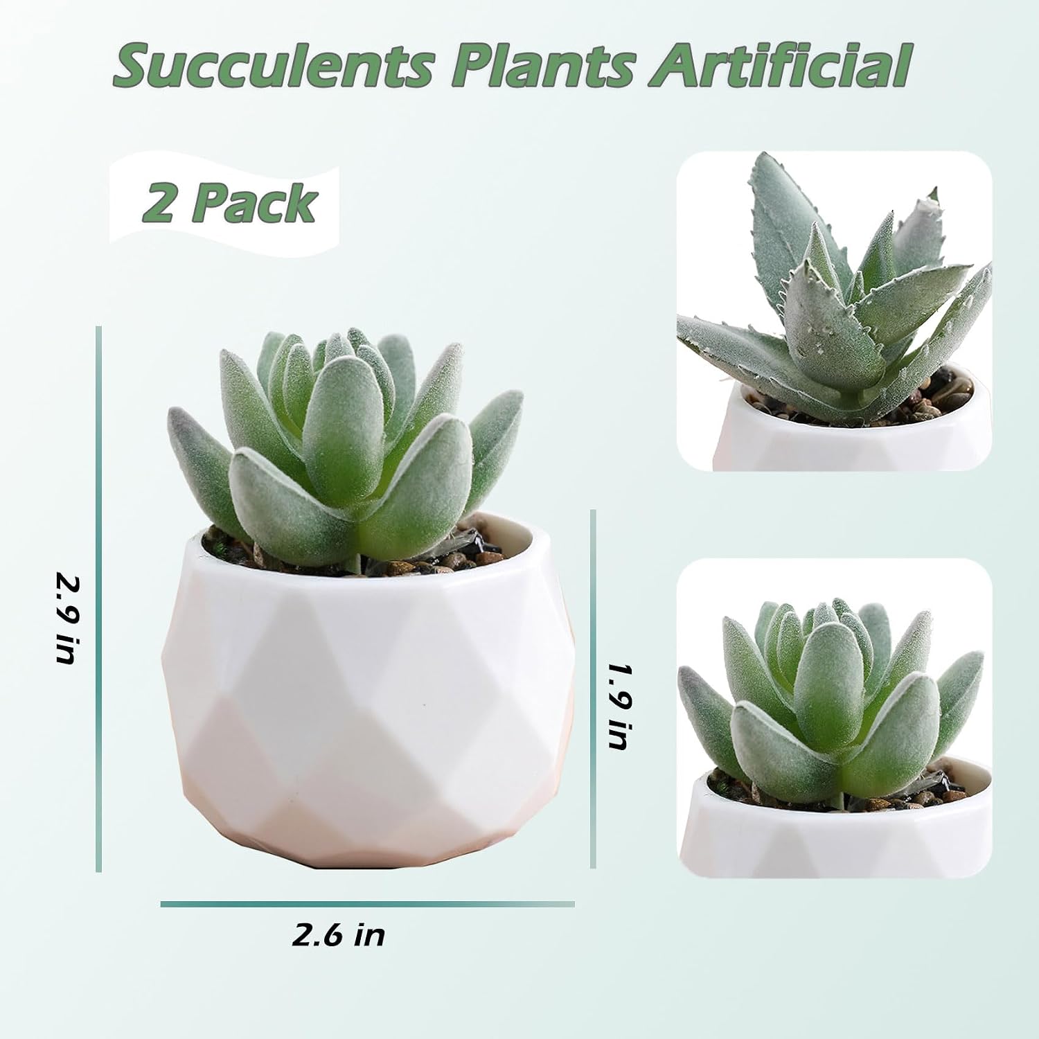 HVEST 2 Pcs Succulents Plants Artificial with Pot Small Fake Potted Plants Artificial Decor Green Faux Plants for Living Room Bedroom Office Desk Bookshelf Bathroom Decor Artificial Plants