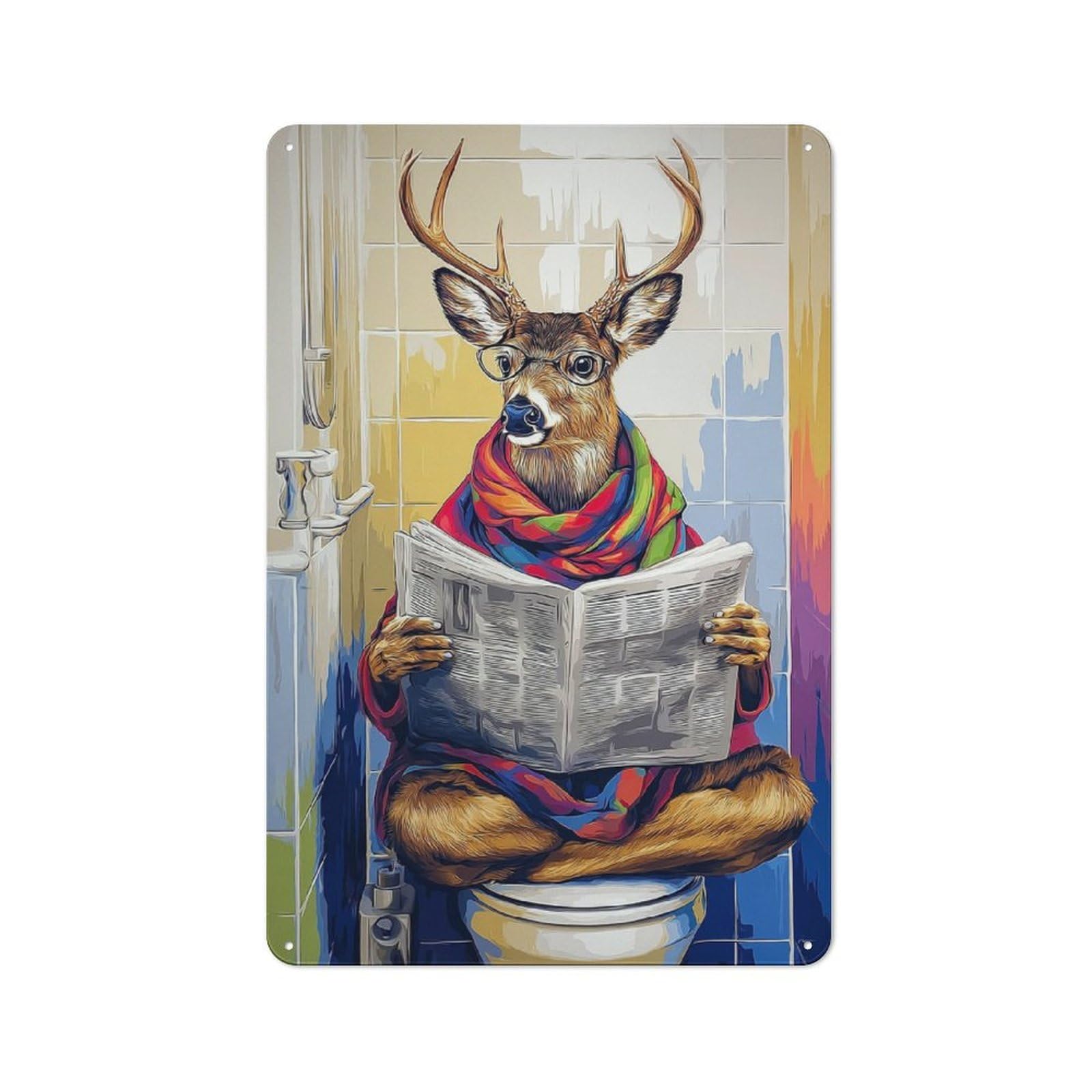 Junmoney Deer Reading Newspaper In Bathroom-4 Tin Wall Plaque 30X20cm With For Home Office Or Studio, For Home Office Decor Fans