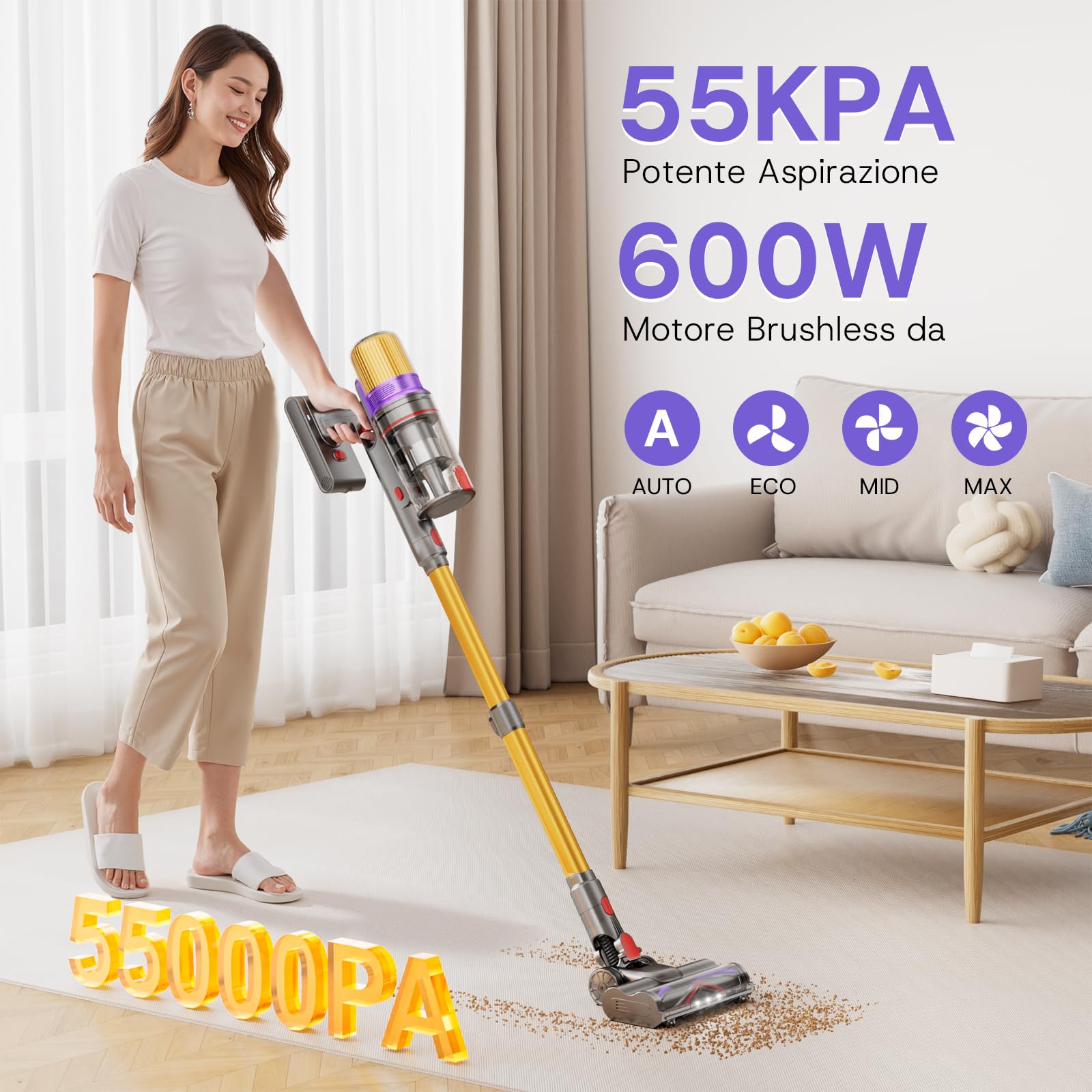 Aodebiao V16 Aspirapolvere senza Fili 55Kpa/600W/80Mins, Scopa Elettrica senza Fili Potente con LED Touchscreen, Anti-Groviglio, Modalità Automatica per Pavimenti/Tappeti/Peli Animali