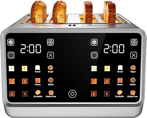 4 Slice Toaster Wide Slot– Dual Digital TouchScreen & Independent Control Panel | Single-Slot Tech Timer/Reheat/Defrost for Bagels Bread | 1800W Stainless Steel 6 Toast Types & Shade Settings