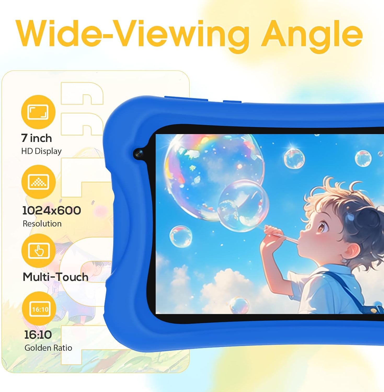 Digliand 7" Android Kids Tablet, Android 13, Quad-core Processor, 4GB+32GB, Pre-Installed Educational Apps, 2MP+5MP Dual Cameras, 3000mAh Battery, Shockproof Protective Case (Blue)