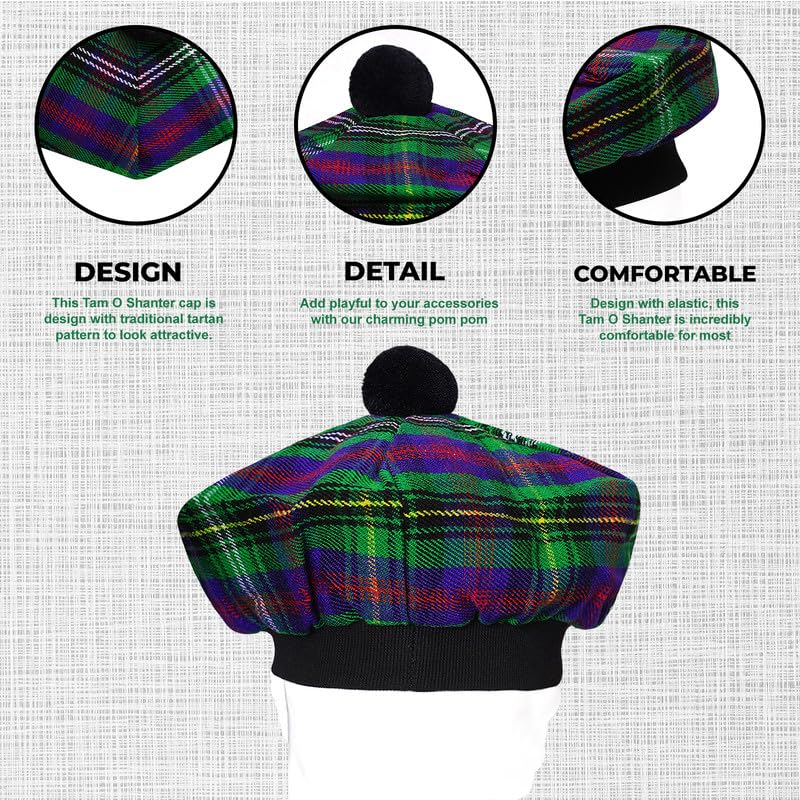 Image of Scottish Tam O' Shanter Hat Tartan Bonnet Pom Pom Wool Flat Cap One Size