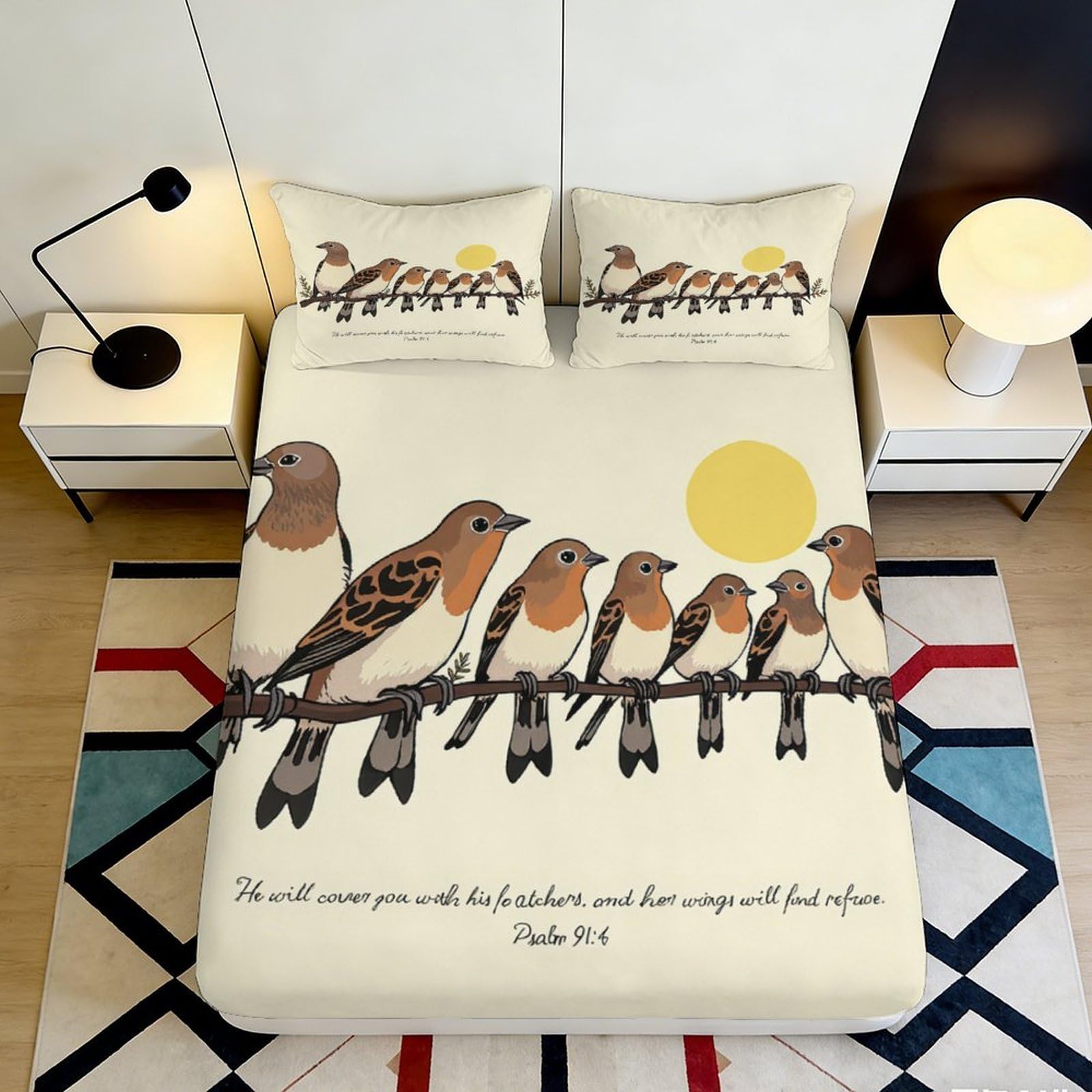 3D Printed Birds on Branch Fitted Sheet Microfiber Beige Sun Decor Mattress Cover for Bedroom Guest Room Dorm 90x200x25cm