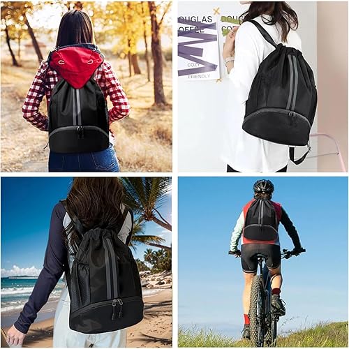 Miniatura 4 de Mochila con cordón para hombres y mujeres, bolsa impermeable con cordón con compartimento para zapatos, bolsillo a prueba de humedad y bolsillo