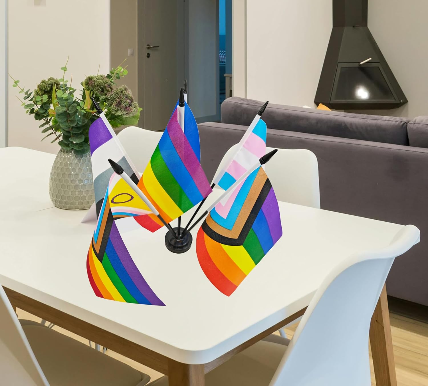 Rainbow Pride Deluxe Desk Flag Set -6 Branch Miniature Gay LGBT Flag Desk Set Table Black Base and Spear Top-Desktop Decorations - Image 6