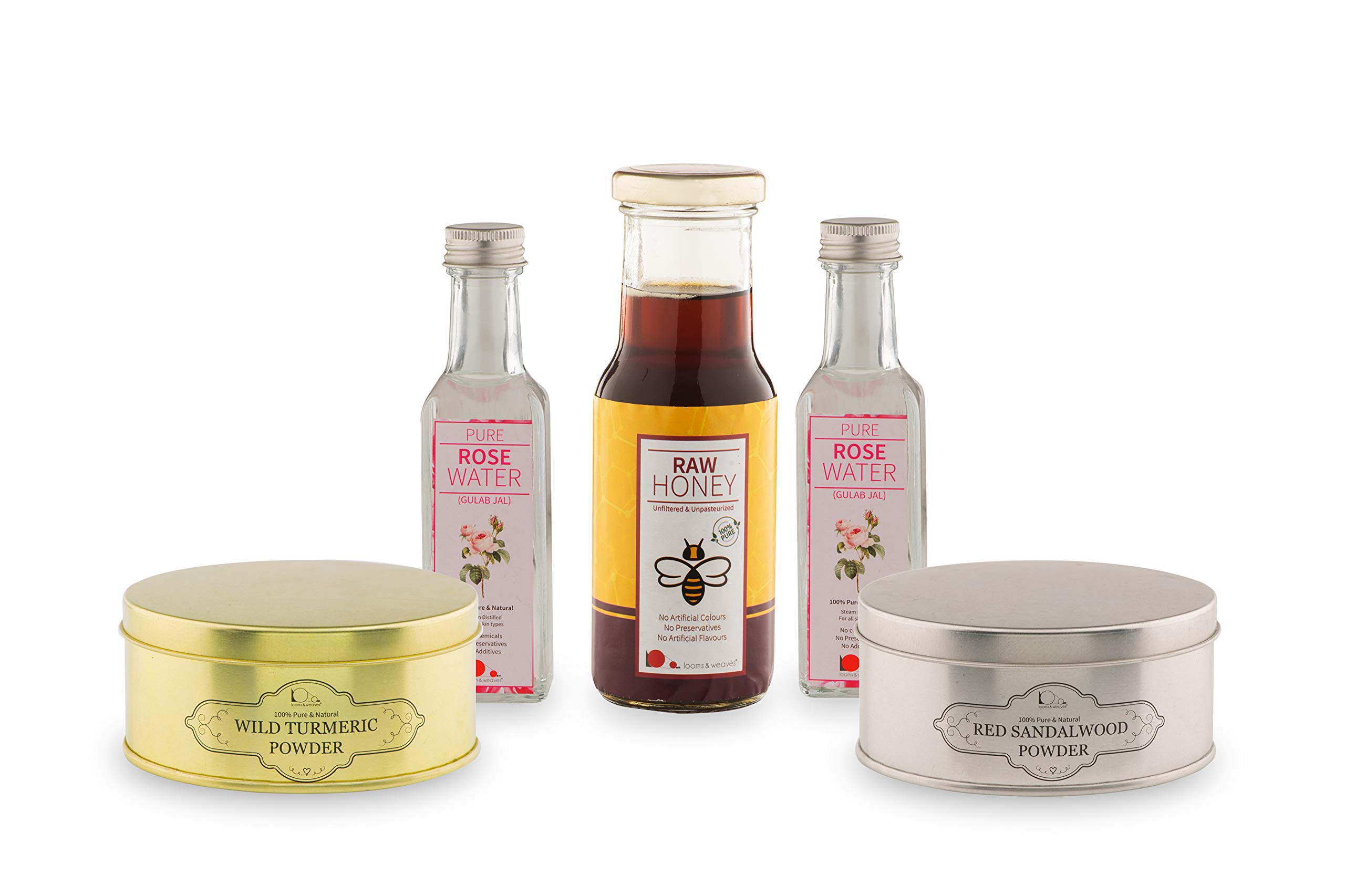 looms & weaves Herbal Face Pack - 100g Kasthuri Turmeric Powder, 100g Red Sandalwood Powder, 200ml Honey & Rose Water