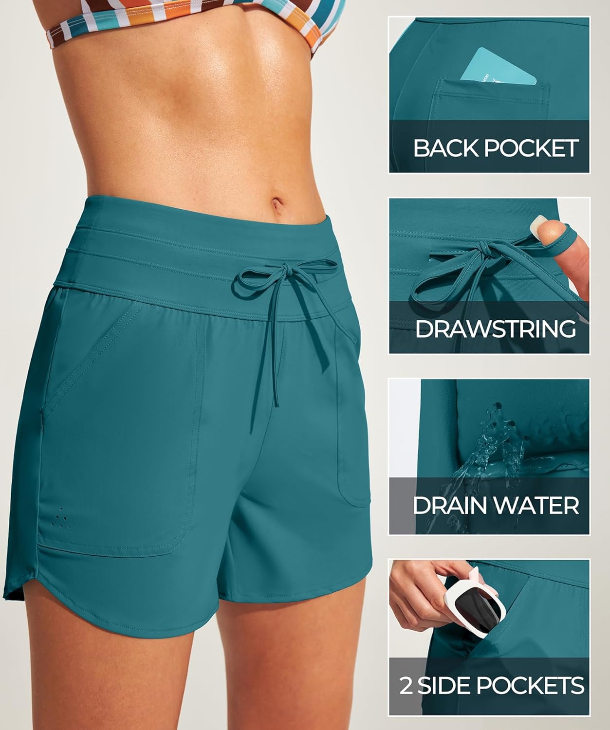 IUGA Womens 5" Swim Board Shorts Stretchy High Waisted Beach Shorts for Women Quick Dry UPF 50+ Swimsuit Bottoms with Liner - Image 5