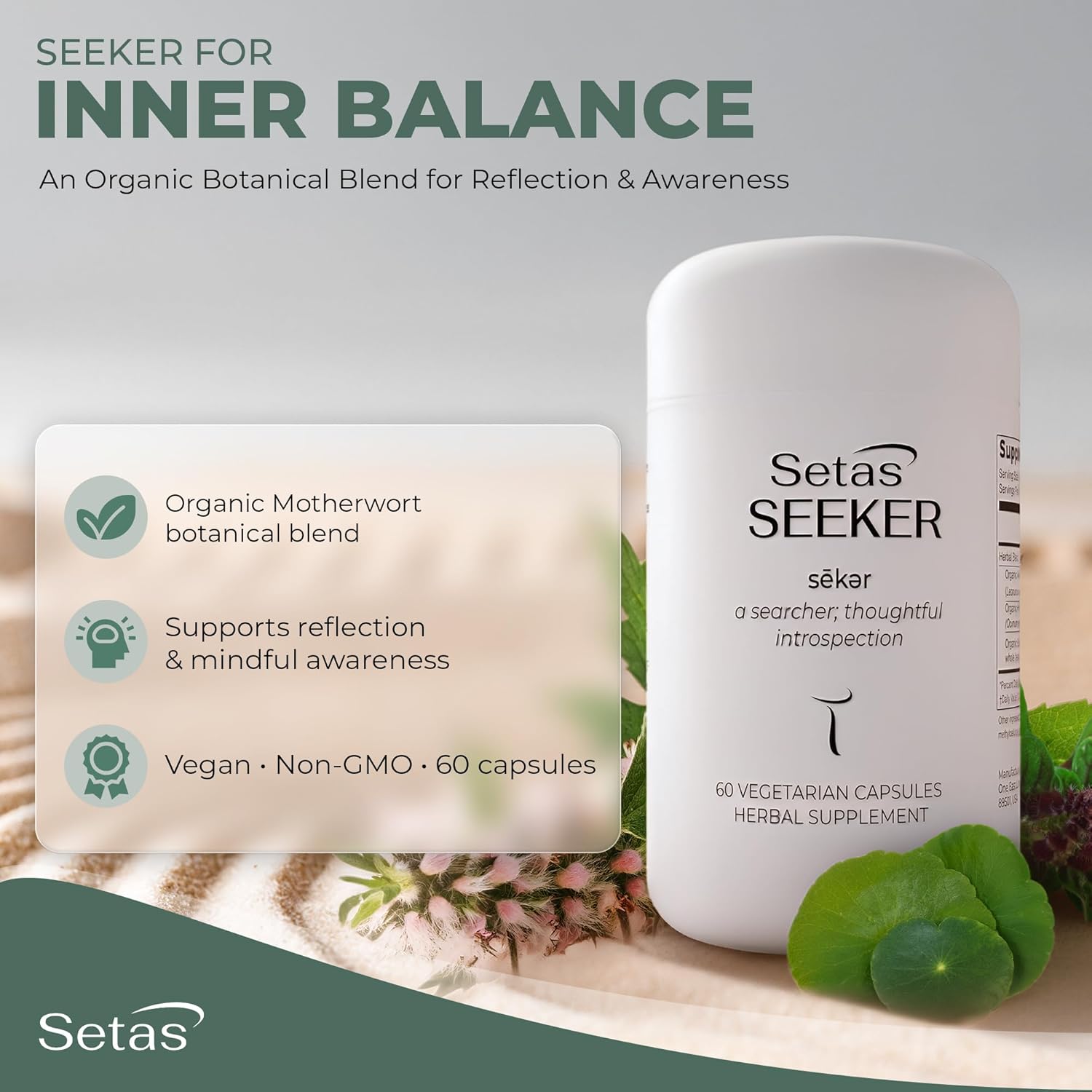 Setas Seeker Organic Motherwort Supplement | 60-Day Supply| Gotu Kola & Holy Basil for Emotional Balance, Mindfulness, and Personal Reflection | Emotional Clarity and Grounding | 60 Vegan Capsules