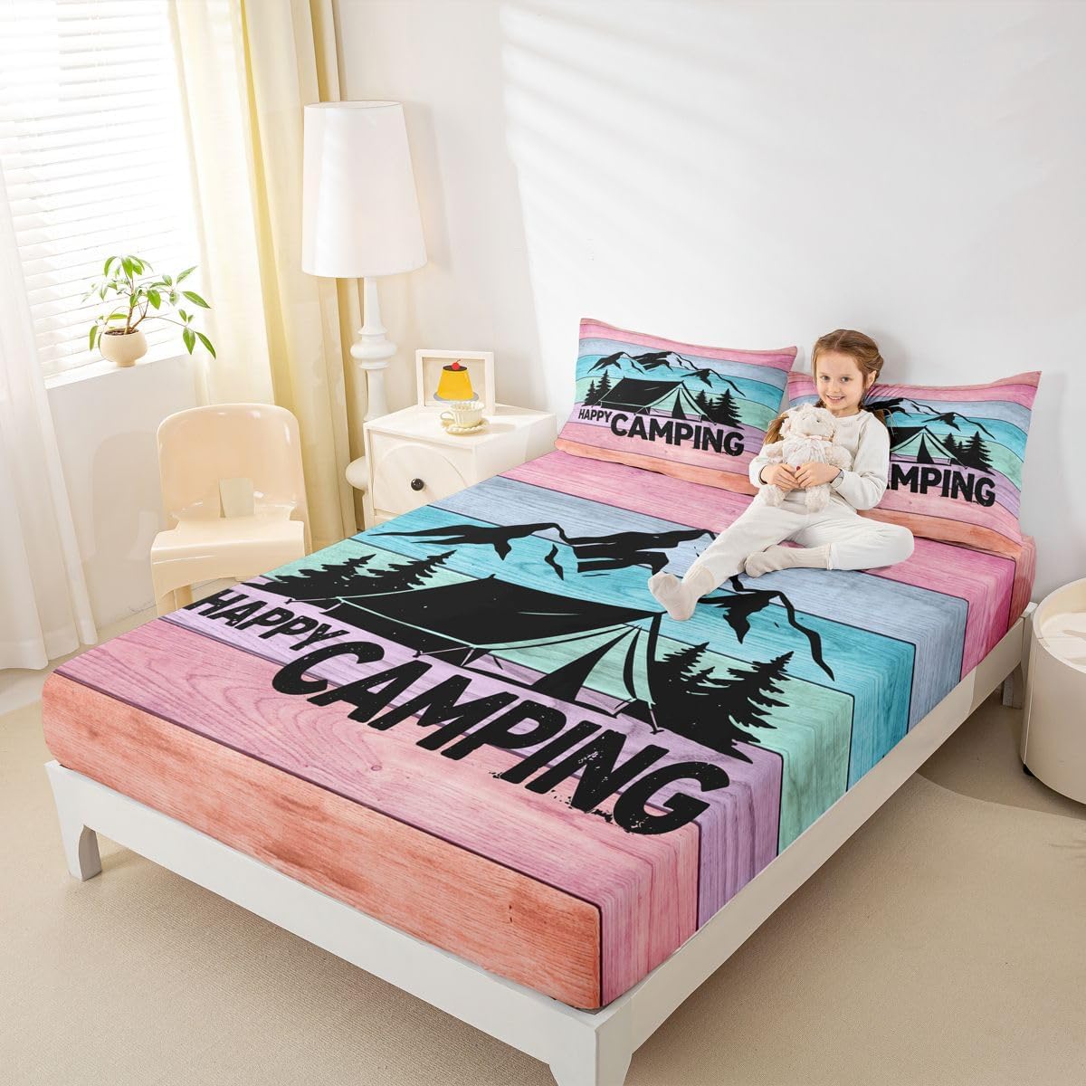 jejeloiu Happy Camping Bed Sheets Set Twin Size Camper Bed Set for Kids Boys Girls RV Camping Deep Pocket Fitted Sheet Wild Animal Breathable Soft Lightweight Microfiber