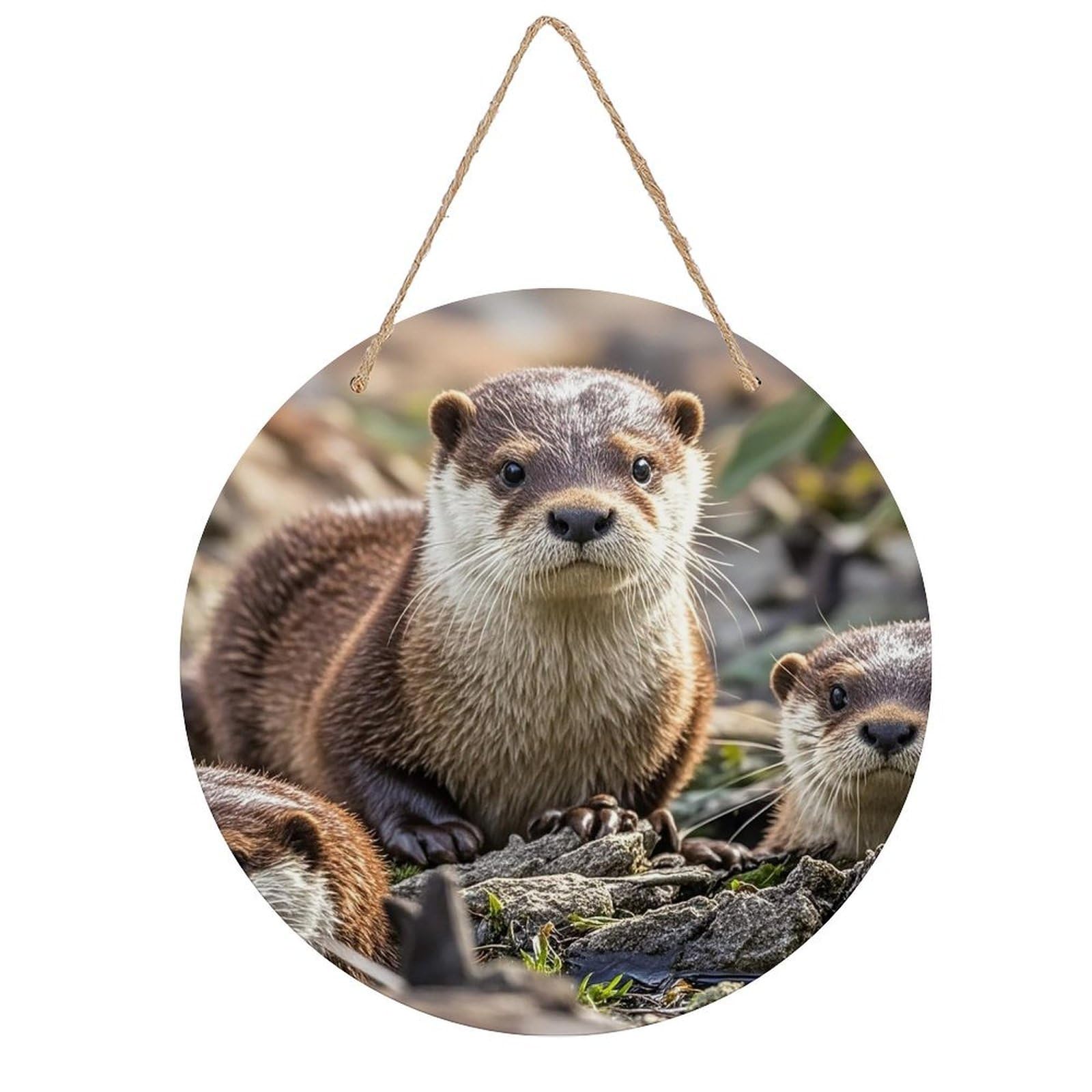 FekiLoot Round Animal Cute Brown Otters Wall Art Decor Painting Wooden Hanging Sign with Ropes Bohemian Wall Hanging Retro Mid Century Modern Wall Art for Home Bedroom Living Room 7.9x7.9 in