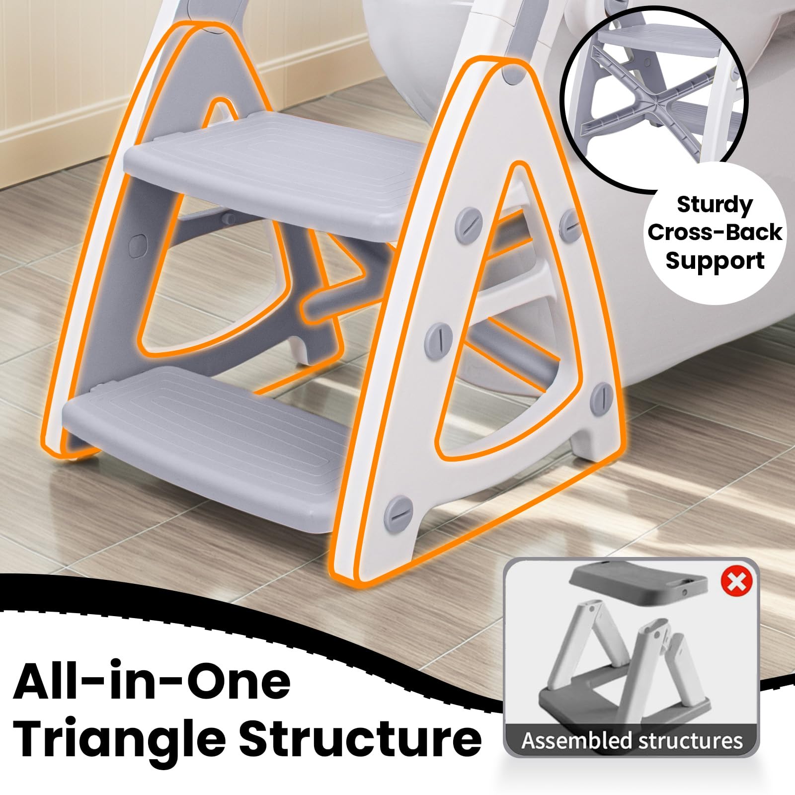 Primlect Vasino WC 2 in 1 stabile vasino con sgabello | Sedile e gradino regolabile in altezza, extra largo, tappetino antiscivolo, paraspruzzi, per bambini e bambine, colore grigio