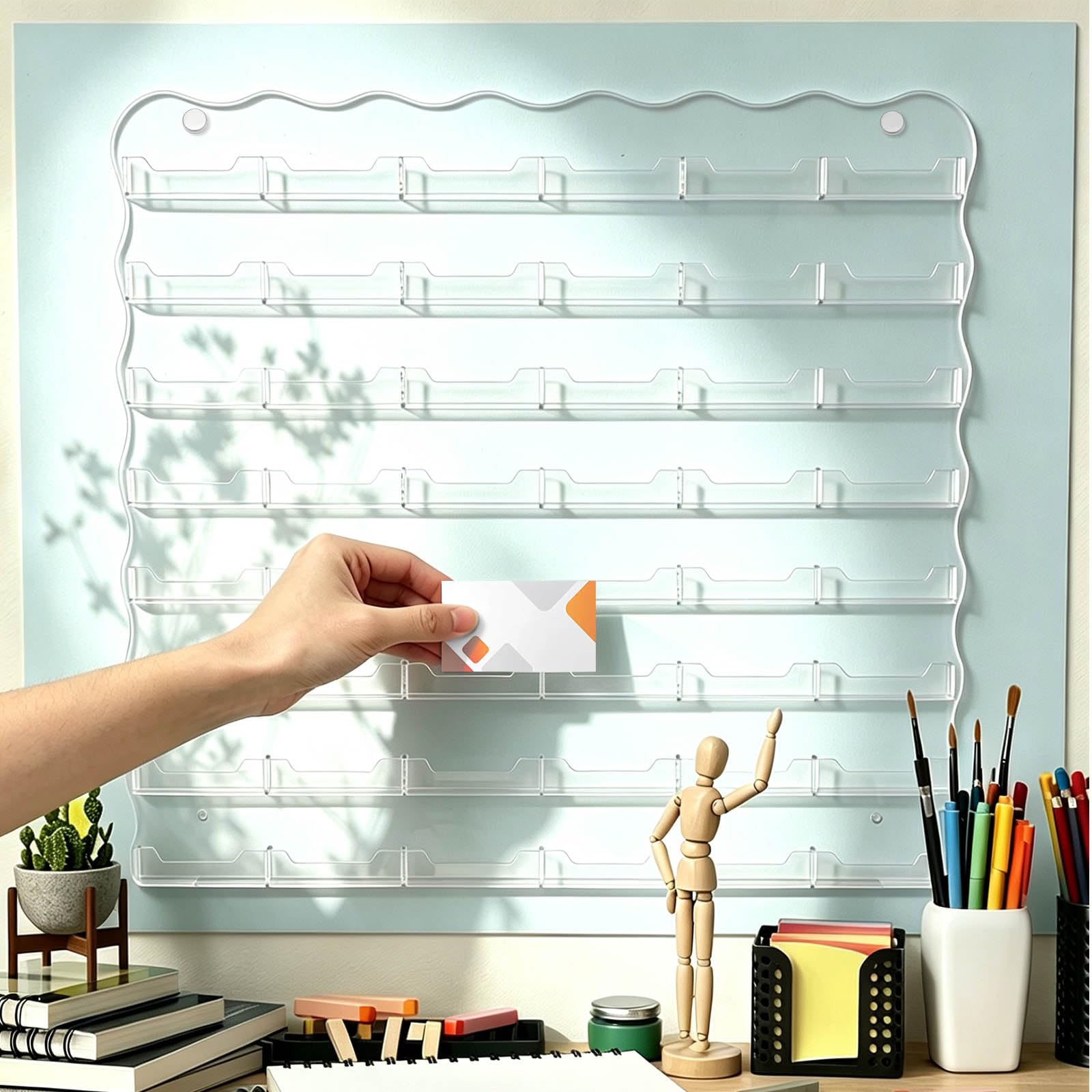 Expositor de pared de acrílico con 1 bolsillos (48 piezas) para tarjetas de visita, colgante de 9 x 6,5 cm, expositor de almacenamiento preperforado para comercialización en casa en la