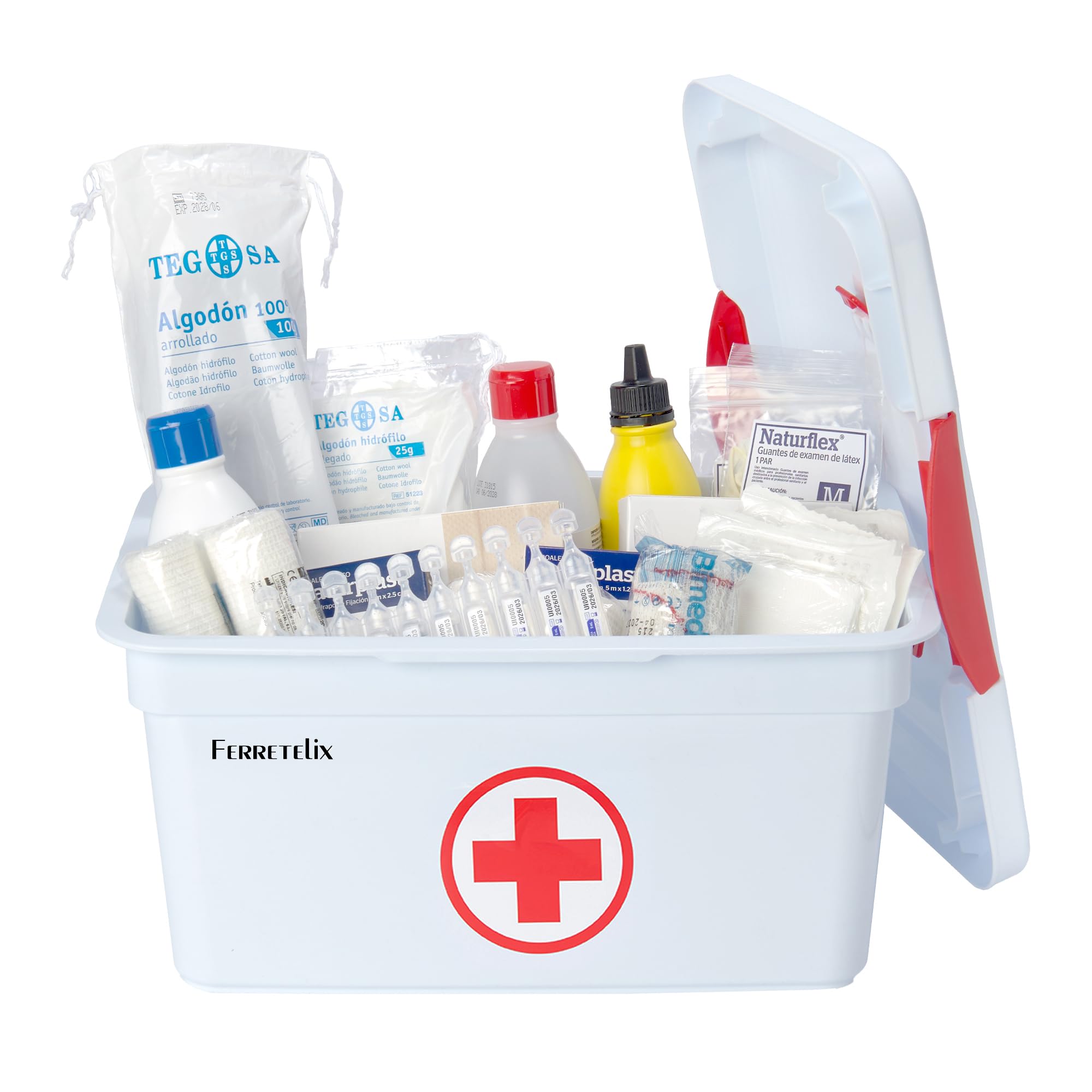 Farmalix Botiquin caja primeros auxilios con tapa 8 litros medidas: 35cmx23cmx19cm equipado con varios artículos para realizar las primeras curas en caso de emergencia