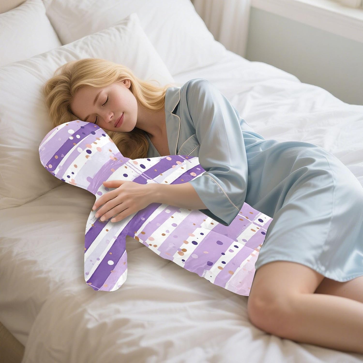 Purple Stripe Dot Human-Shaped Pillow Soft Body Pillows Washable Velvet Pillows for Anxiety Relief Sleeping Cuddling & Support