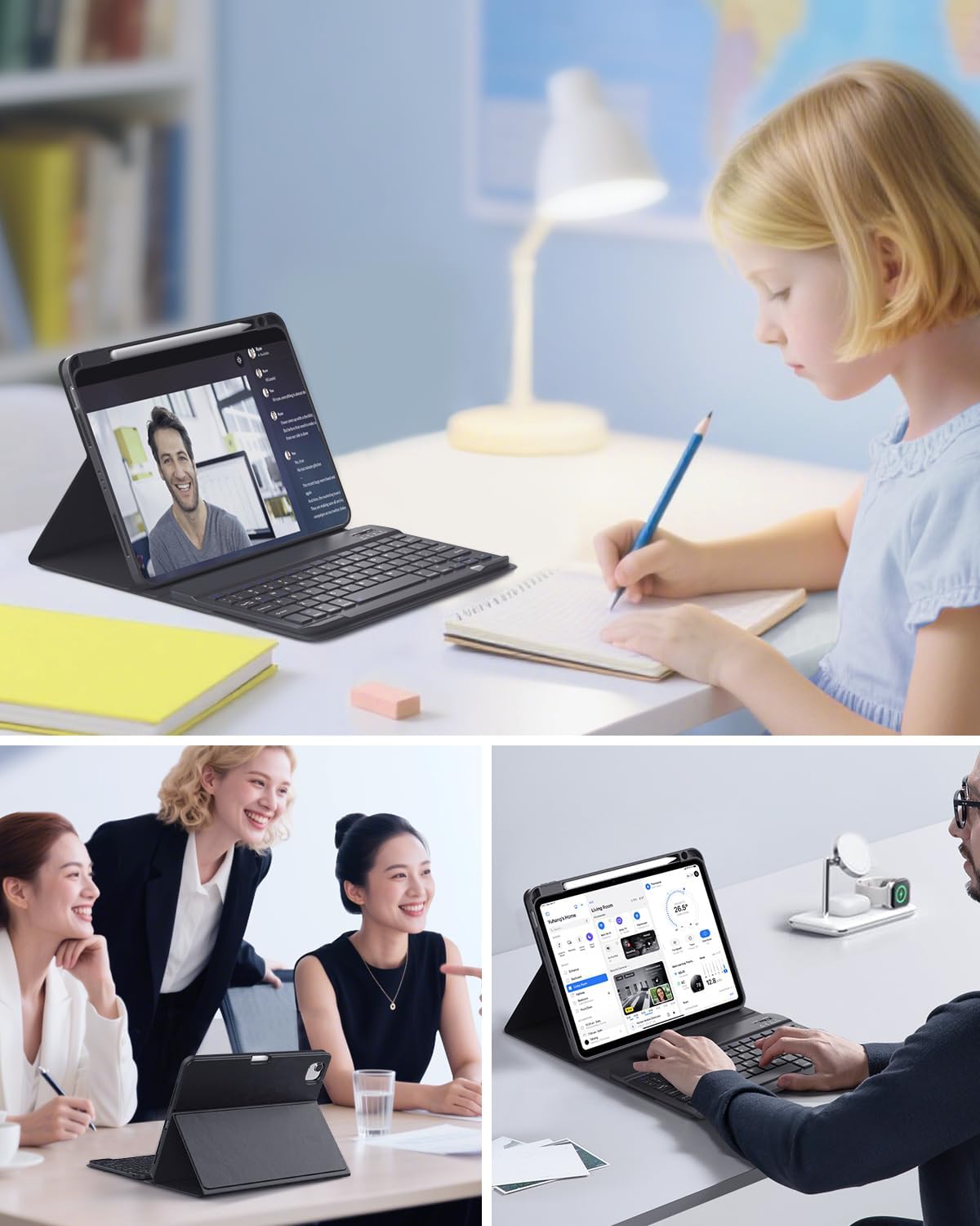 MoKo for iPad Air 11 Inch Case with Keyboard 7th/6th Gen(M4/M3-2026/2025/2024), iPad Air 5th/4th Gen Case 2022/2020 10.9'' with Pencil Holder, Multi-Angle Detachable Bluetooth Keyboard, Black
