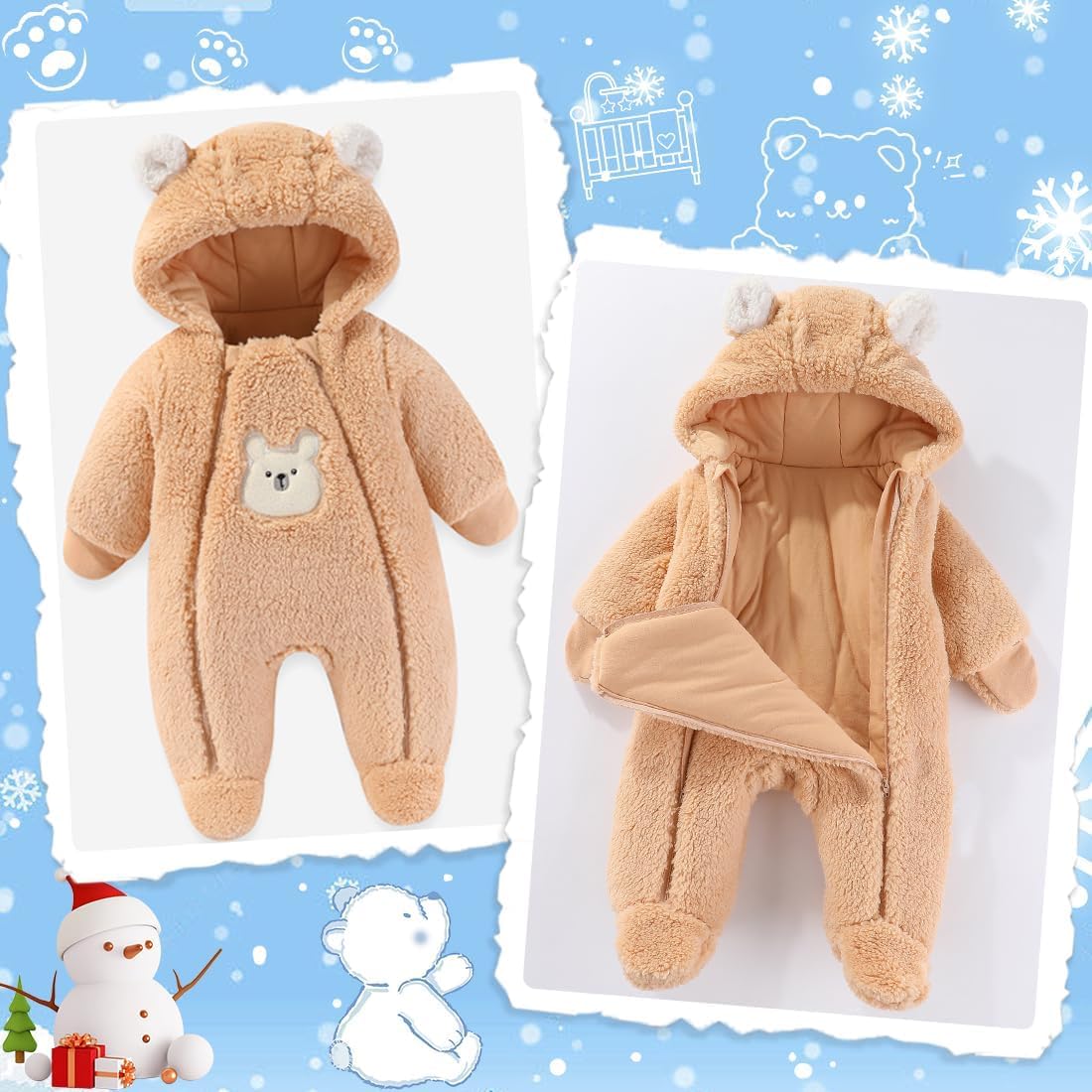 Fairy Baby Newborn Baby Winter Snowsuit Bear Thick Romper Footie Double Zip Hooded Jumpsuit Fleece Coat Infant Boy Girl 0-12M - Image 2