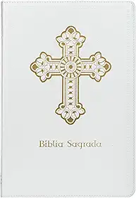 Bíblia Sagrada Católica, Letra Grande, Cruz, Couro-soft branca, Leitura Perfeita