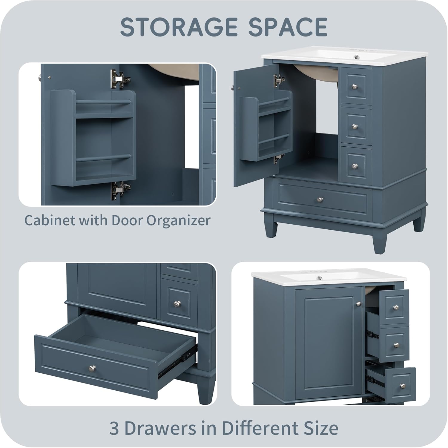 24" Bathroom Vanities Cabinet with Ceramic Sink Set Combo, Multi-Functional Storage Organizer Door Shelf, Three Drawers, Soft-Closing Door, Gray Blue