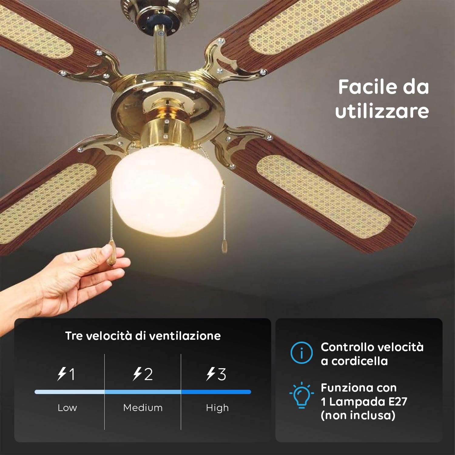 Wintem - Ventilatore da Soffitto 60W con Luce Ø106 cm con Pale in Legno per Ambienti Domestici e Lavorativi, Illuminazione Integrata da Lampada E27, Motore Silenzioso e Rotazione Reversibile