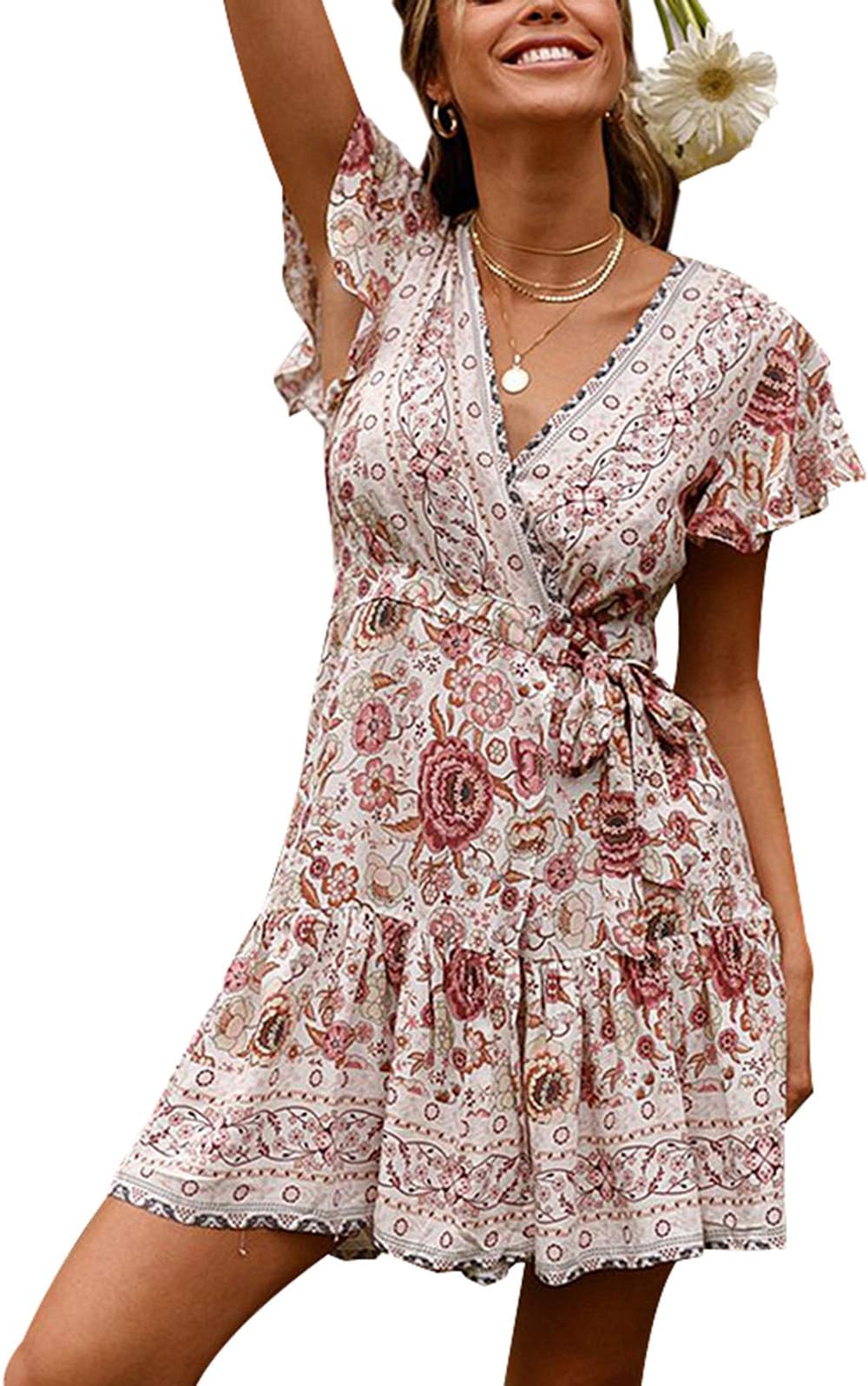 Women's Dresses Summer Wrap Bohemian Floral Printed Ruffle Hem Short Sleeve V-Neck Beach Mini Dress S-XL