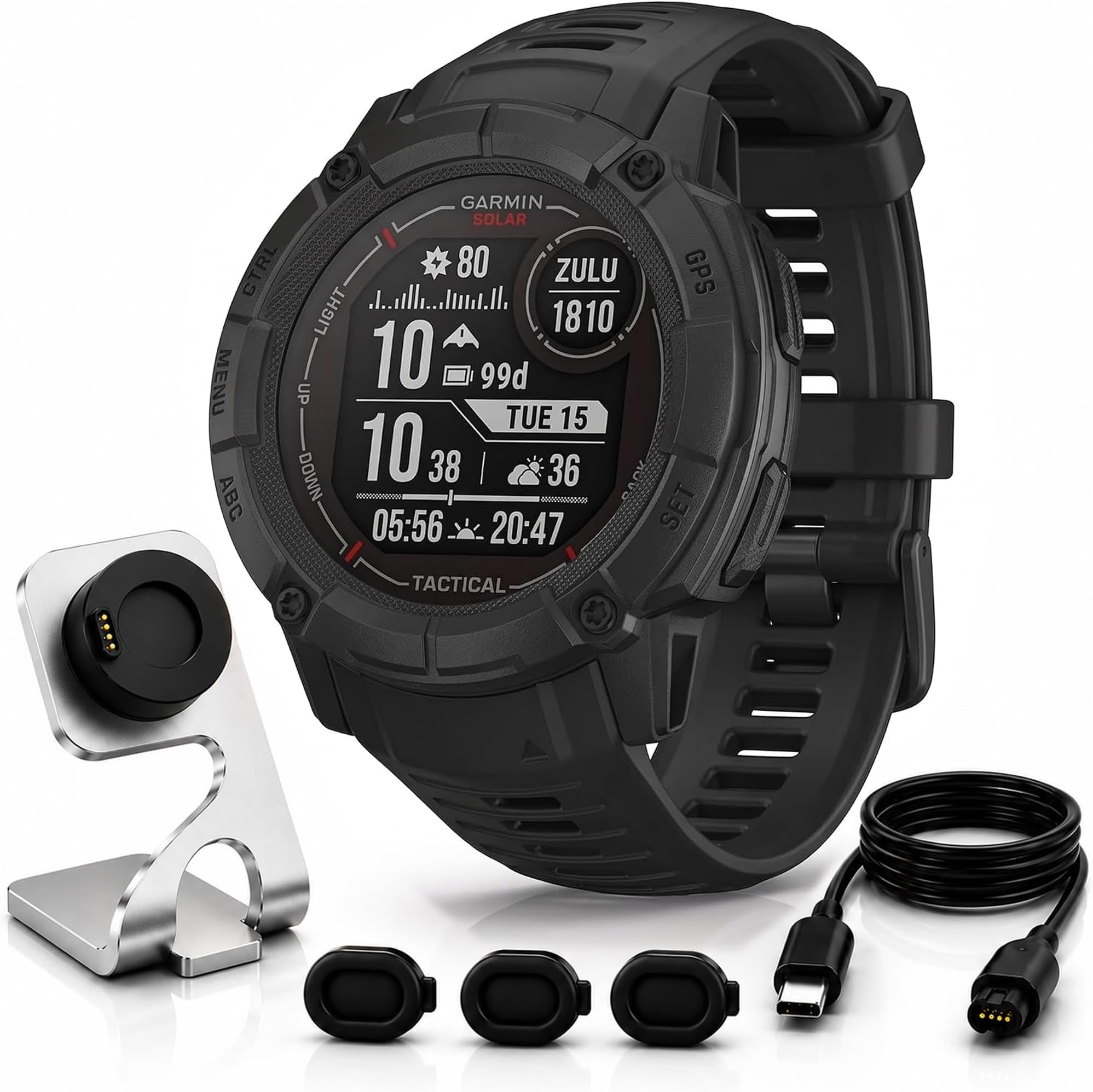 Garmin Instinct 2X Solar Tactical Edition, Solar Charging, Rugged GPS Smartwatch, Built-in Flashlight, Ballistics Calculator, Black 010-02805-13 Bundle with Deco Essentials Charging Dock Kit