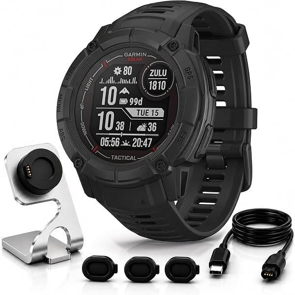 Garmin Instinct 2X Solar Tactical Edition, carga solar, reloj inteligente GPS resistente, linterna integrada, calculadora balística, negro 010-02805-13 con kit de base de carga Deco Essentials