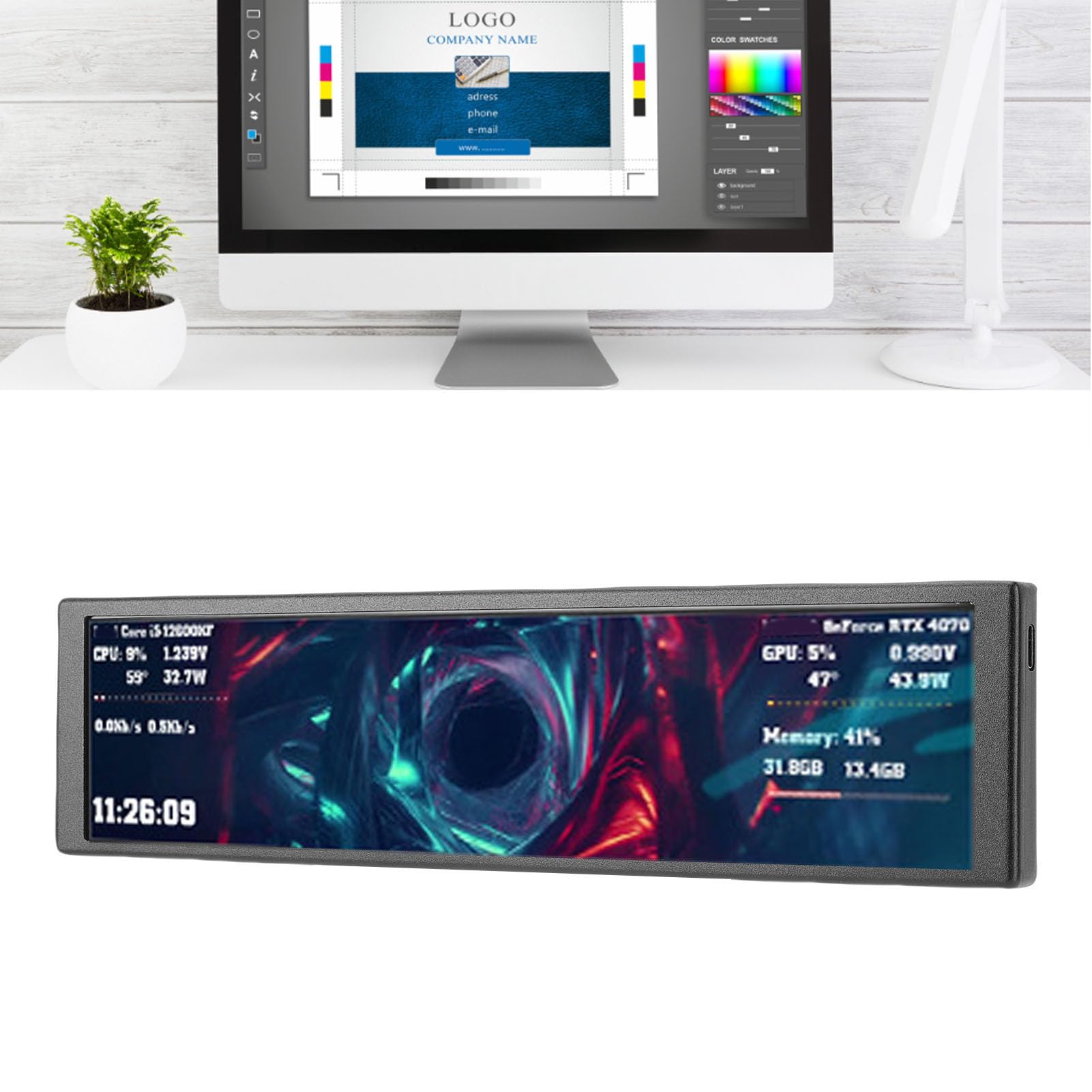 Pantalla Secundaria de la Caja de la Computadora de 9.2 Pulgadas, Modo Vertical Horizontal, Tema de Video Dinámico, Panel de Visualización de Temperatura (Black)