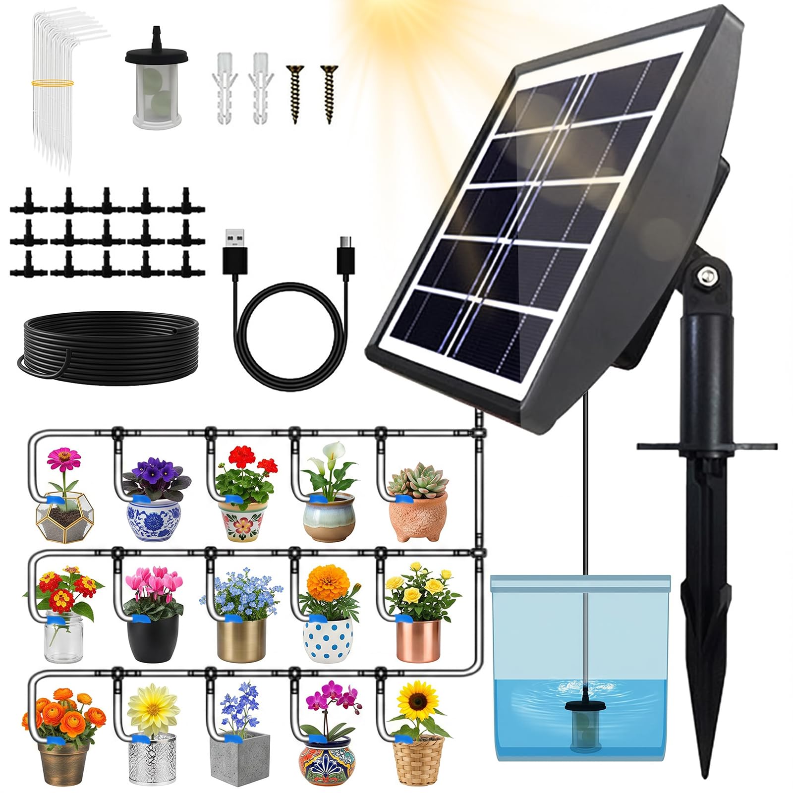 Yalitrca Solar Irrigation System for 15 Pots, Solar & Rechargeable Automatic Drip Irrigation System with Timer, Anti-Siphoning Device, 15m Hose for Outdoor Indoor Plants Balcony Greenhouse