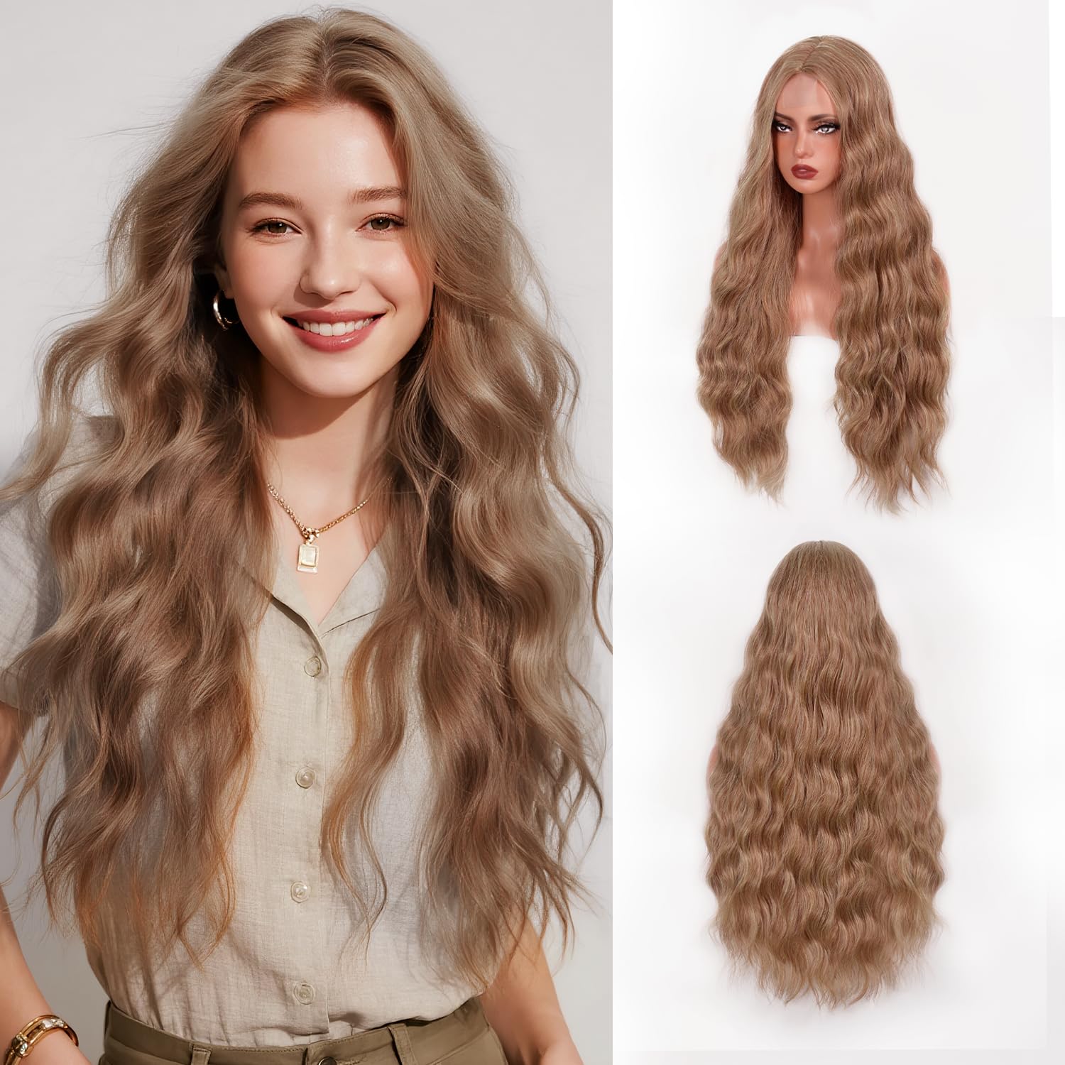 Brown Mix Blonde Long Wavy Wig for Women 28 Inch Natural Wavy Middle Part Curly Wig Heat Resistant Fiber Synthetic Wig for Party Halloween Cosplay Dialy Use wig