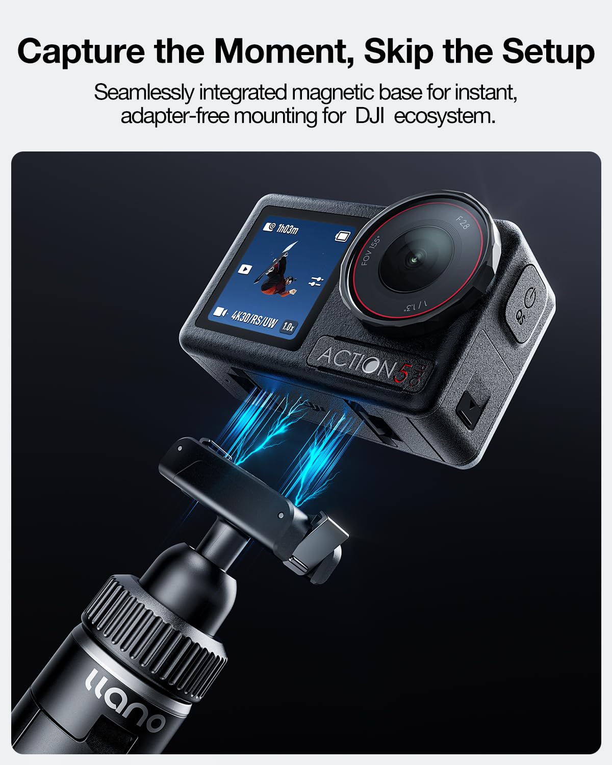 llano 40 cm Magnet Action Kamera Stativ für DJI Osmo Action 5 pro/4/3, Osmo 360, ausziehbares Mini-Stativ mit Magsafe-Schnellwechseladapter, 360°Kugelkopf, Kleiner Selfie-Stick,Schwarz