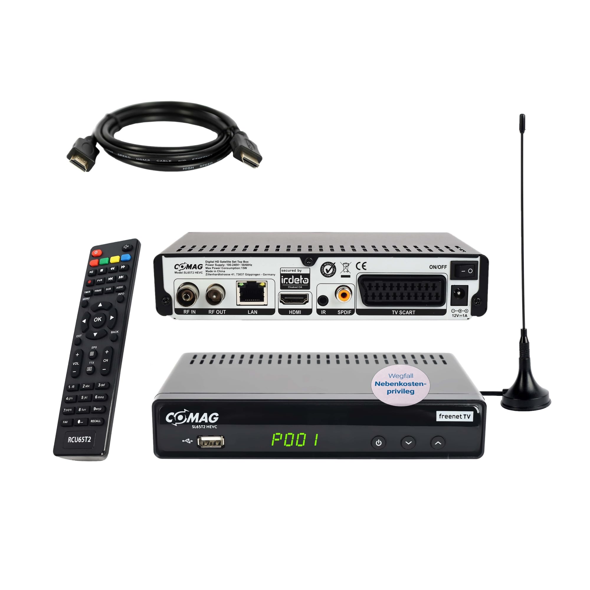 Sky Vision COMAG SL65T2 DVB-T2 Receiver, Freenet TV (Private Sender in HD), PVR Ready, Full-HD 1080p, HDMI, SCART, Mediaplayer, USB 2.0, 12V tauglich, 2m HDMI Kabel und DVB-T2 Antenne