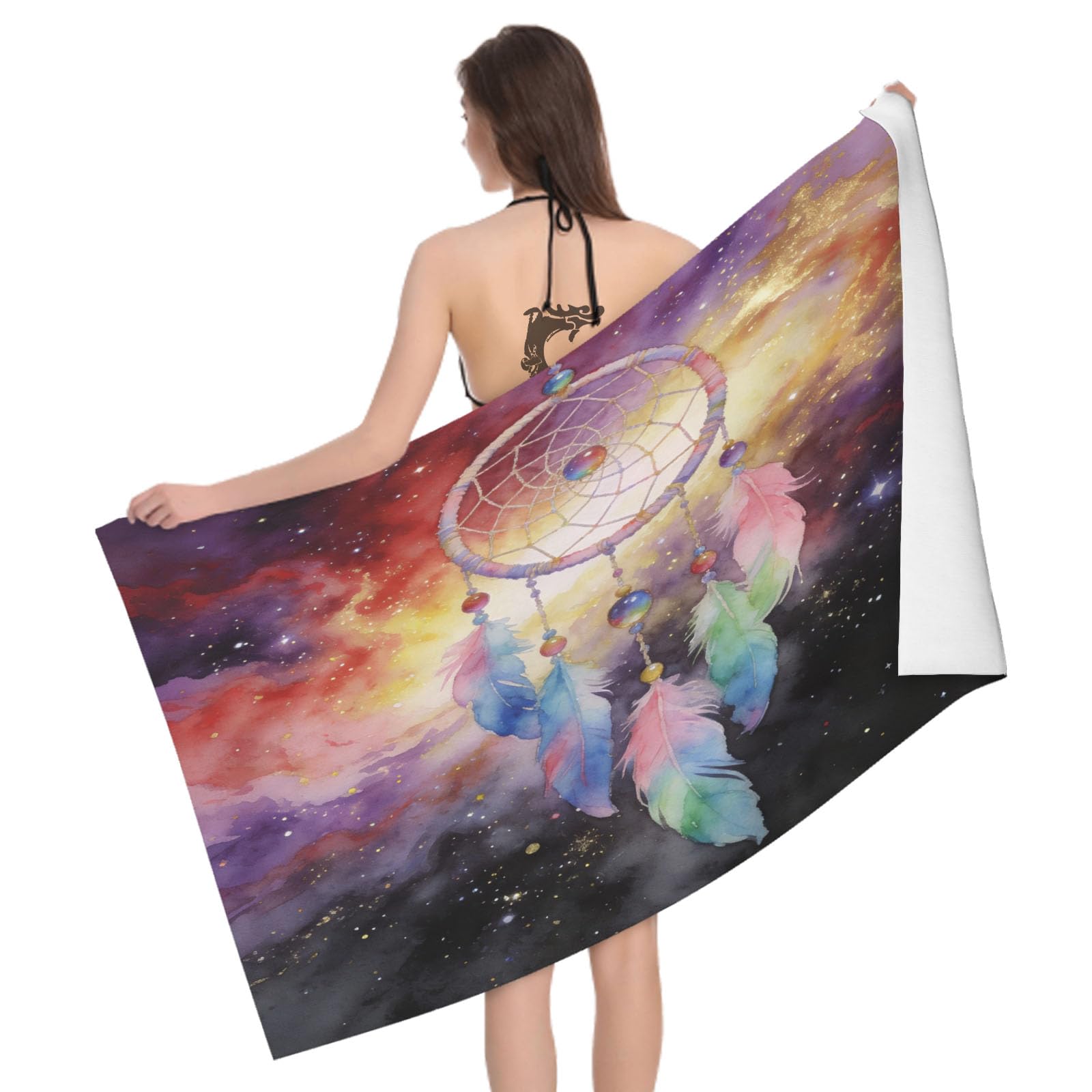 Leichong 3D Watercolor Dreamcatcher Beach Towel Large Microfiber Soft Quick Dry for Adults, Gradient Feather Bath Towel Lightweight Soft Absorbent for Travel Swimming Pool Sports, 80 x 160 cm
