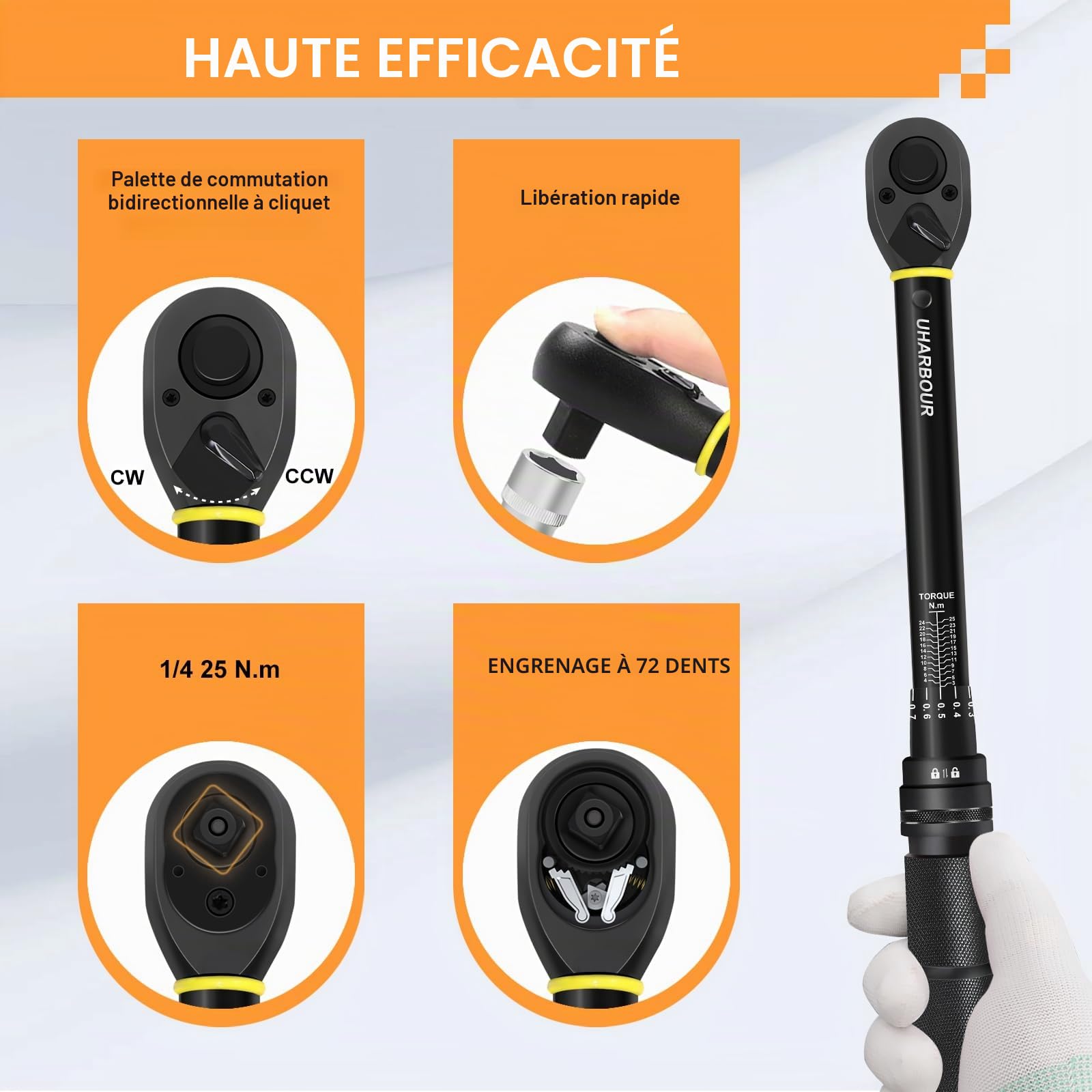 Uharbour Clé Dynamométrique 3-25 Nm 1/4 avec Embouts et Tige d'Extension pour Vélo - Précision d'Erreur de ± 3 %