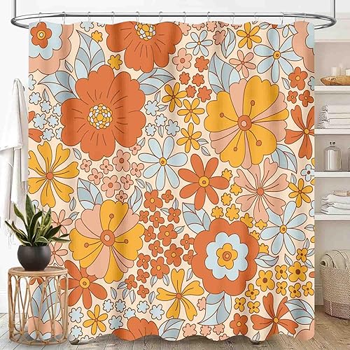 Miniatura 10 de Cortina de ducha con diseño floral hippie, estilo retro de los años 70, diseño de margaritas naranjas, bonitas, estéticas, bohemias, divertidas,