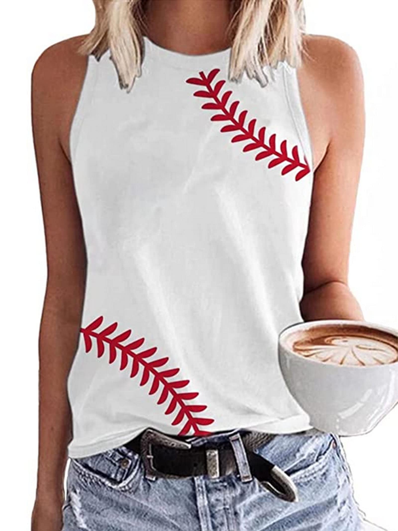 MHTORBaseball O-Neck Tank Women Print Baseball Tanks Cute Workout Graphic Casual Summer Sleeveless Vest Top