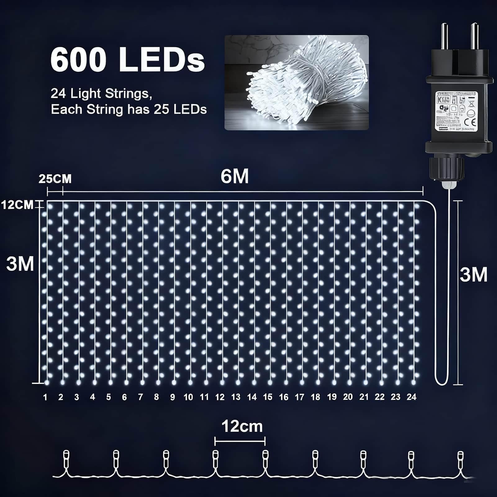Joycome Kurtyna świetlna do użytku na zewnątrz, 6 x 3 m, 600 diod LED, zasłona z wtyczką, 8 trybów / timer, łańcuch świetlny do zawieszenia, wodoszczelna zasłona świetlna na zewnątrz, na okno, ścianę