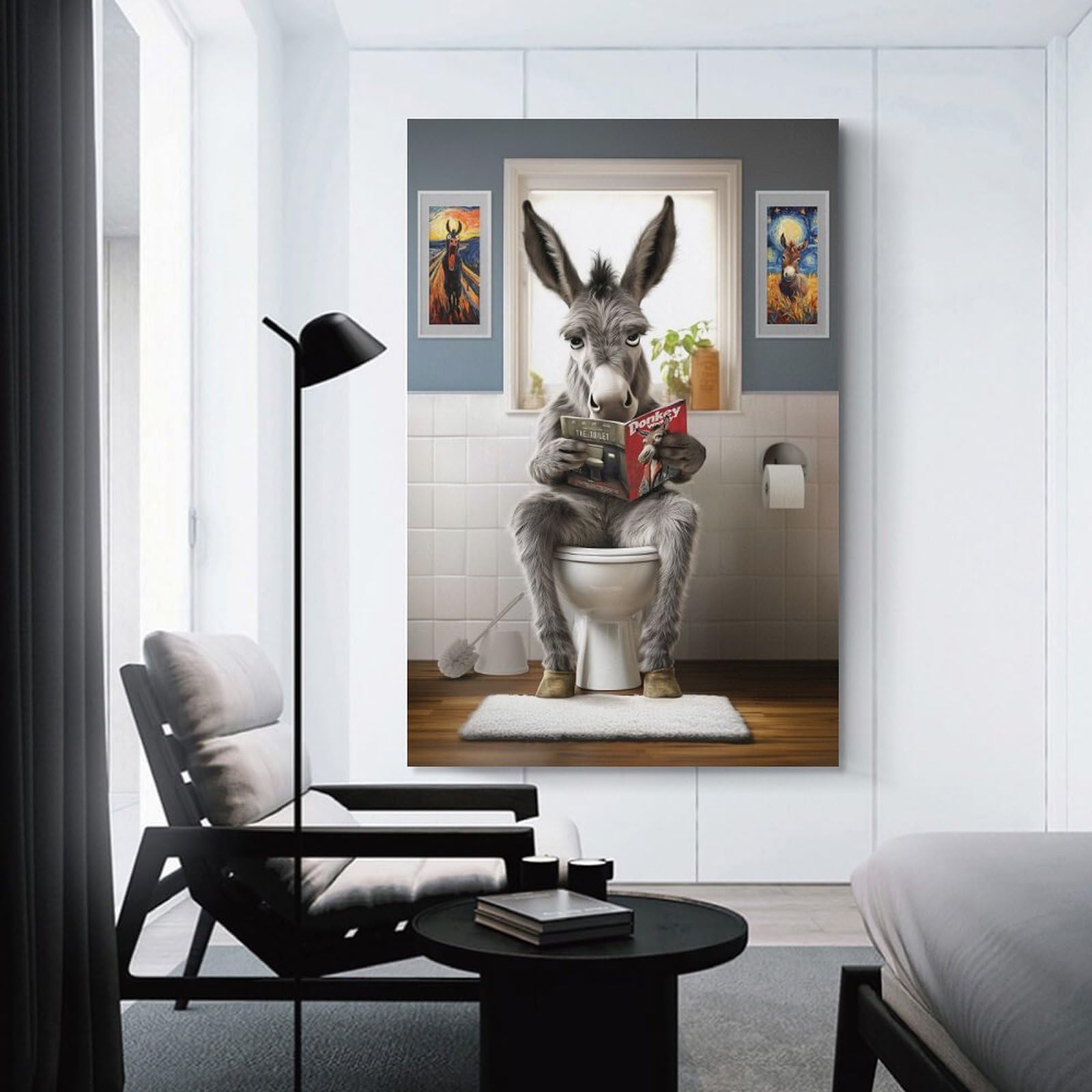 Junmoney Unframe-Style-18 Donkey On The Toilet Canvas Wall Decor, 24X36inch(60X90cm), For Flats, Guest Rooms Or Compact Rooms, Decorative Canvas Decor For Home Updates