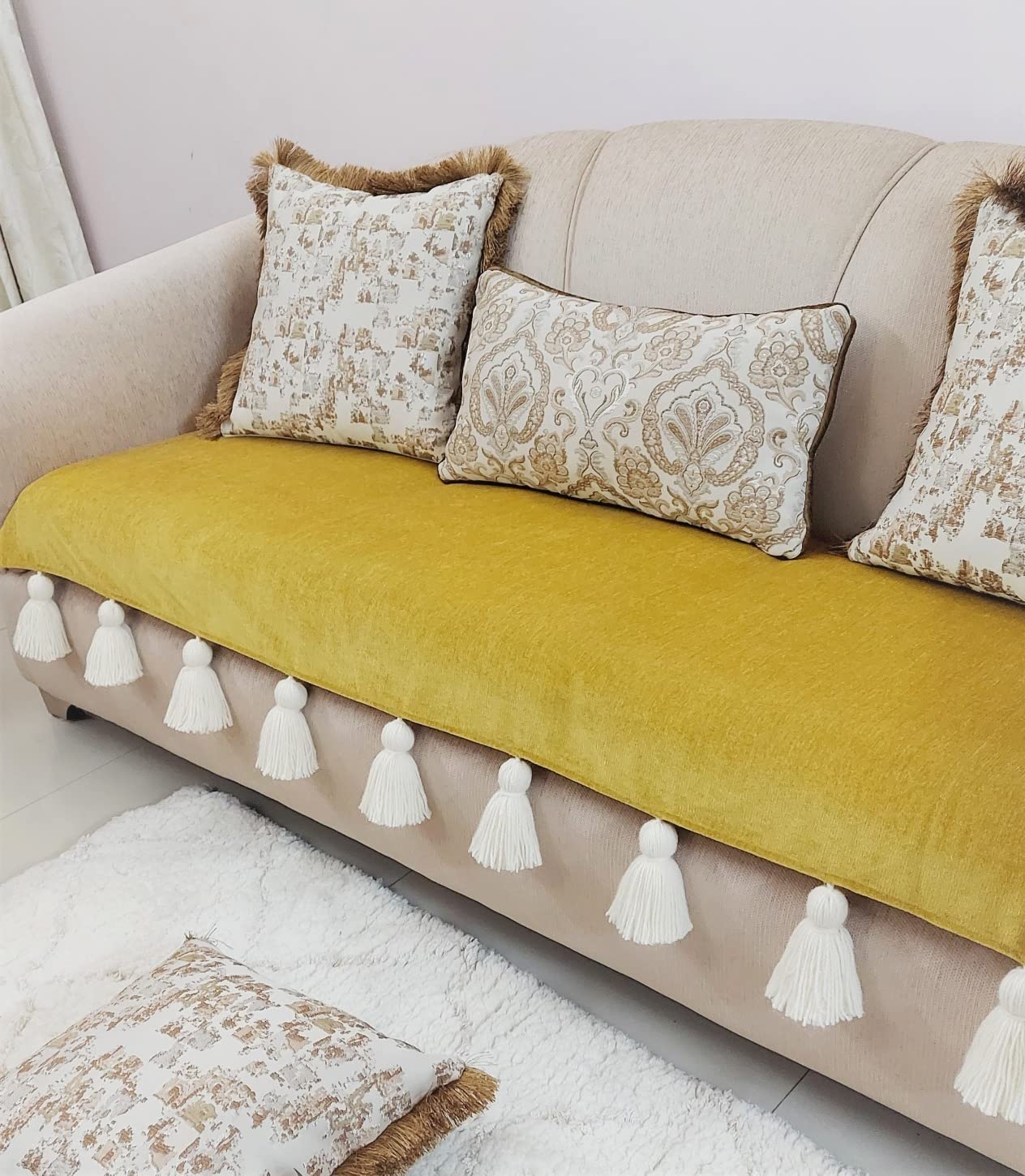 Buy WWW.THROWPILLOW.IN Mustard Tassels Sofa Cover Regular Shape Sofa Cover (4 Seater) OS Online